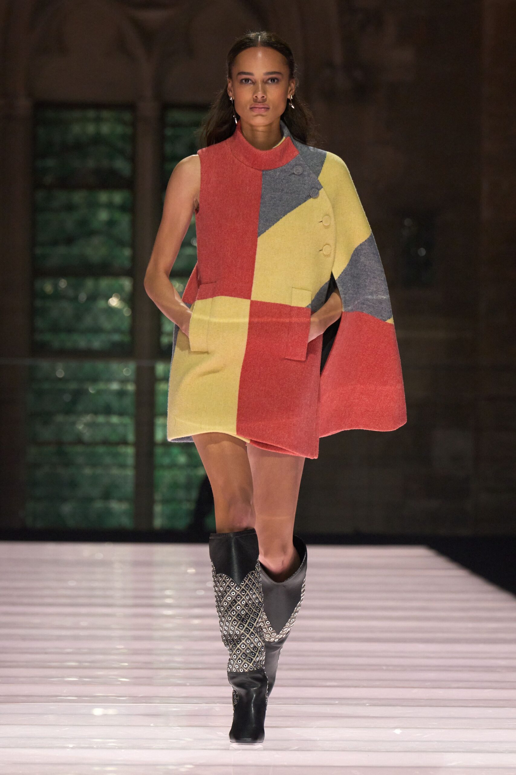 yellow wool sleeveless collared fitted color-blocked buttoned dress