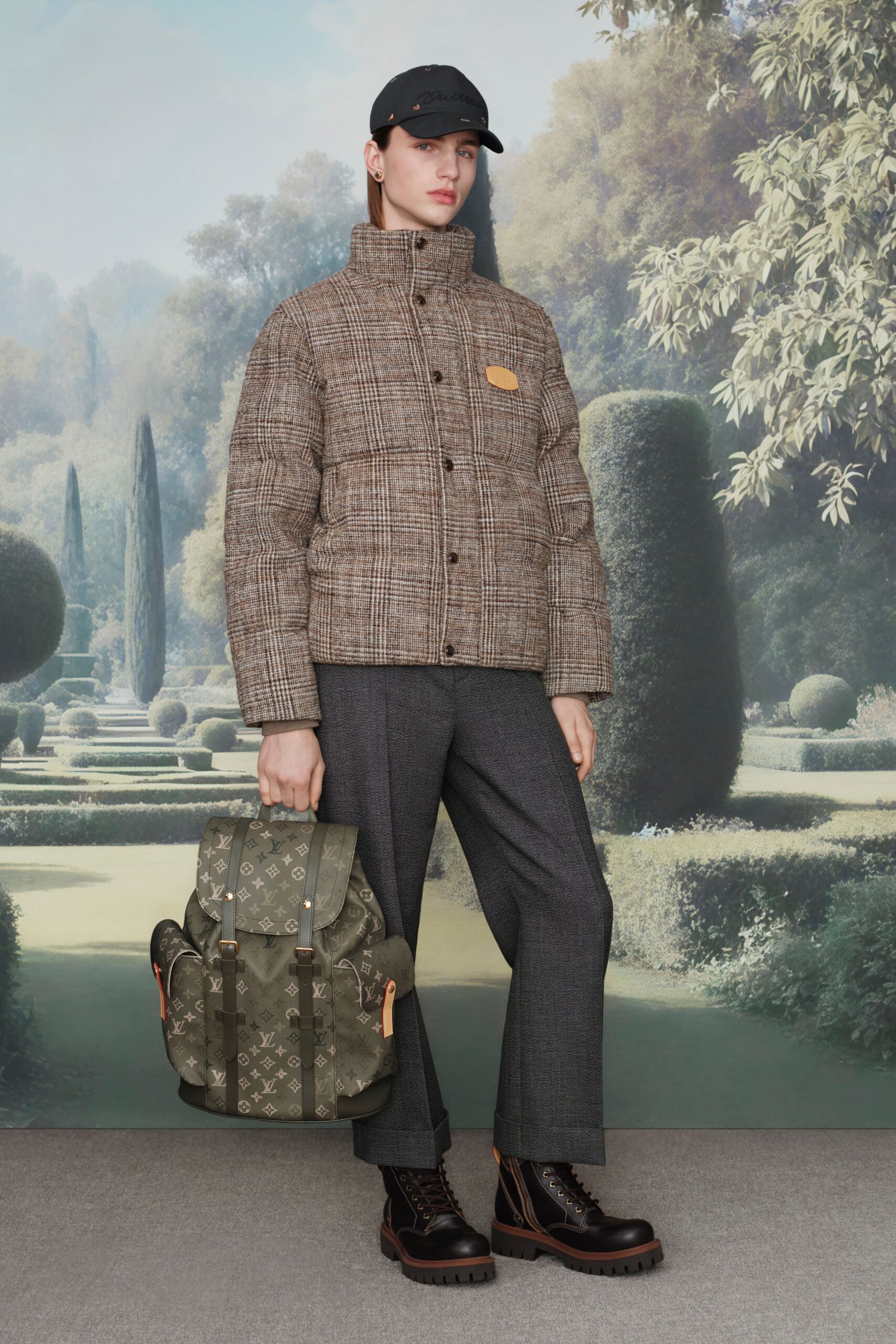 brown checked jacket with gray pants