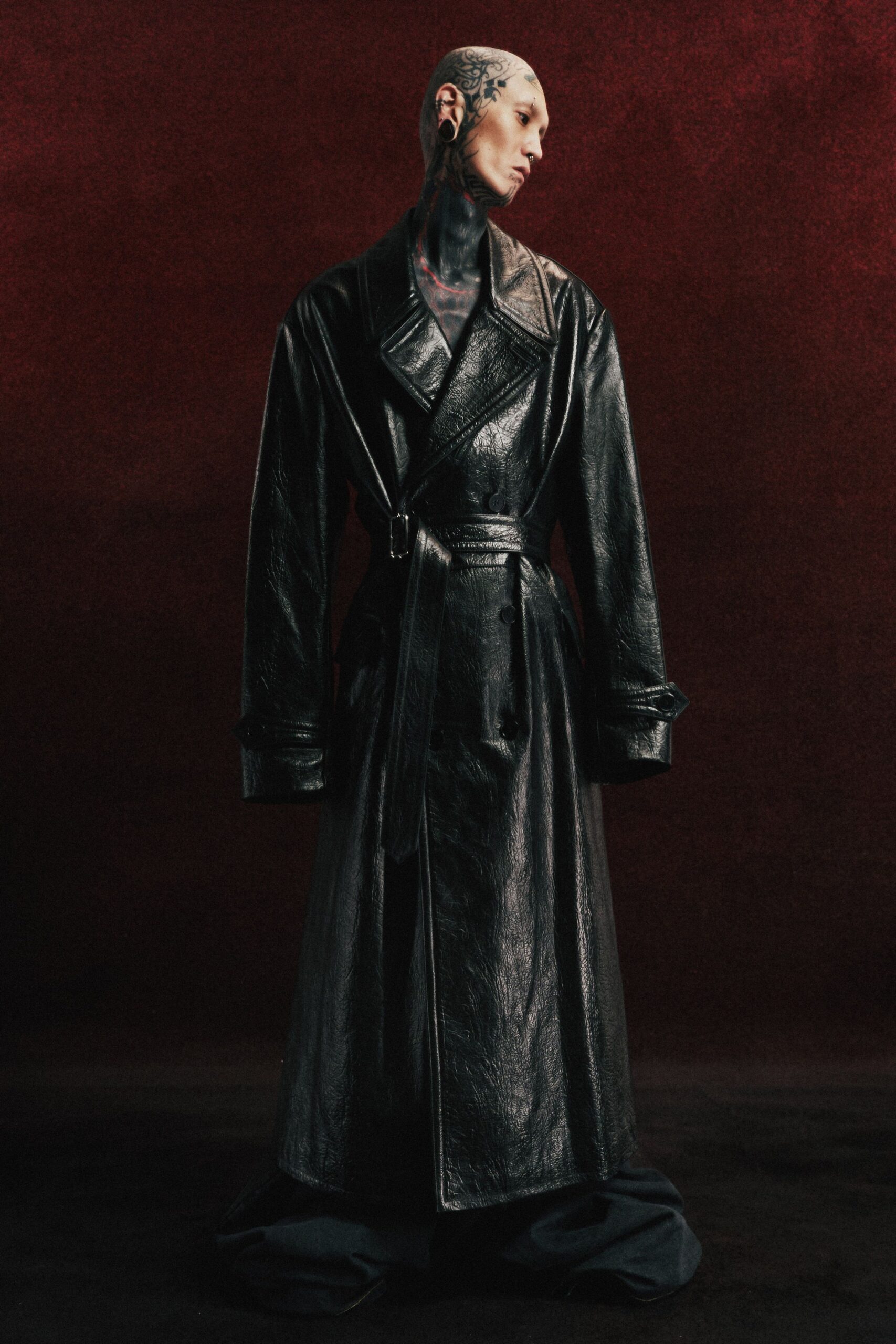 black leather belted coat