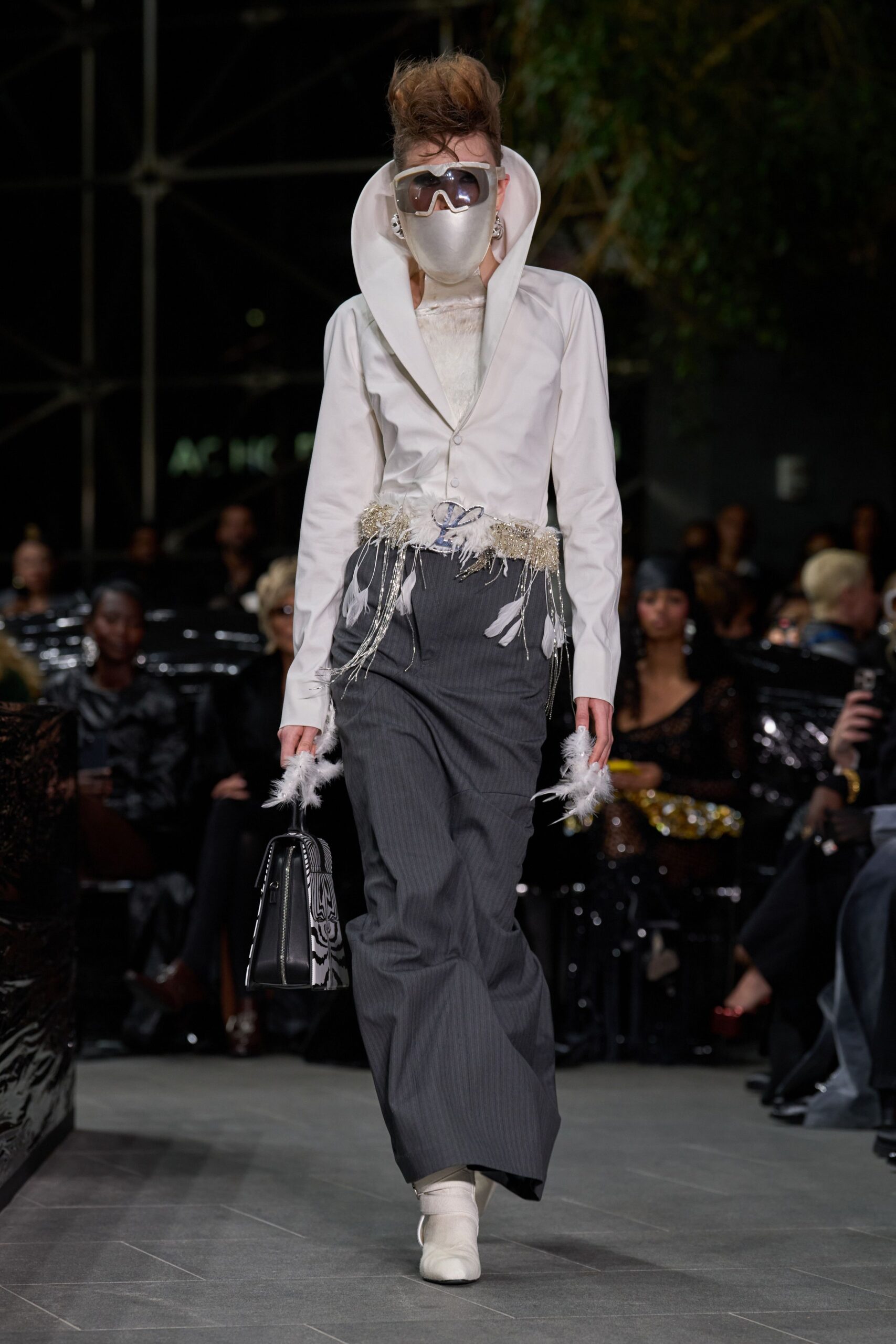 white collared shirt with gray pants