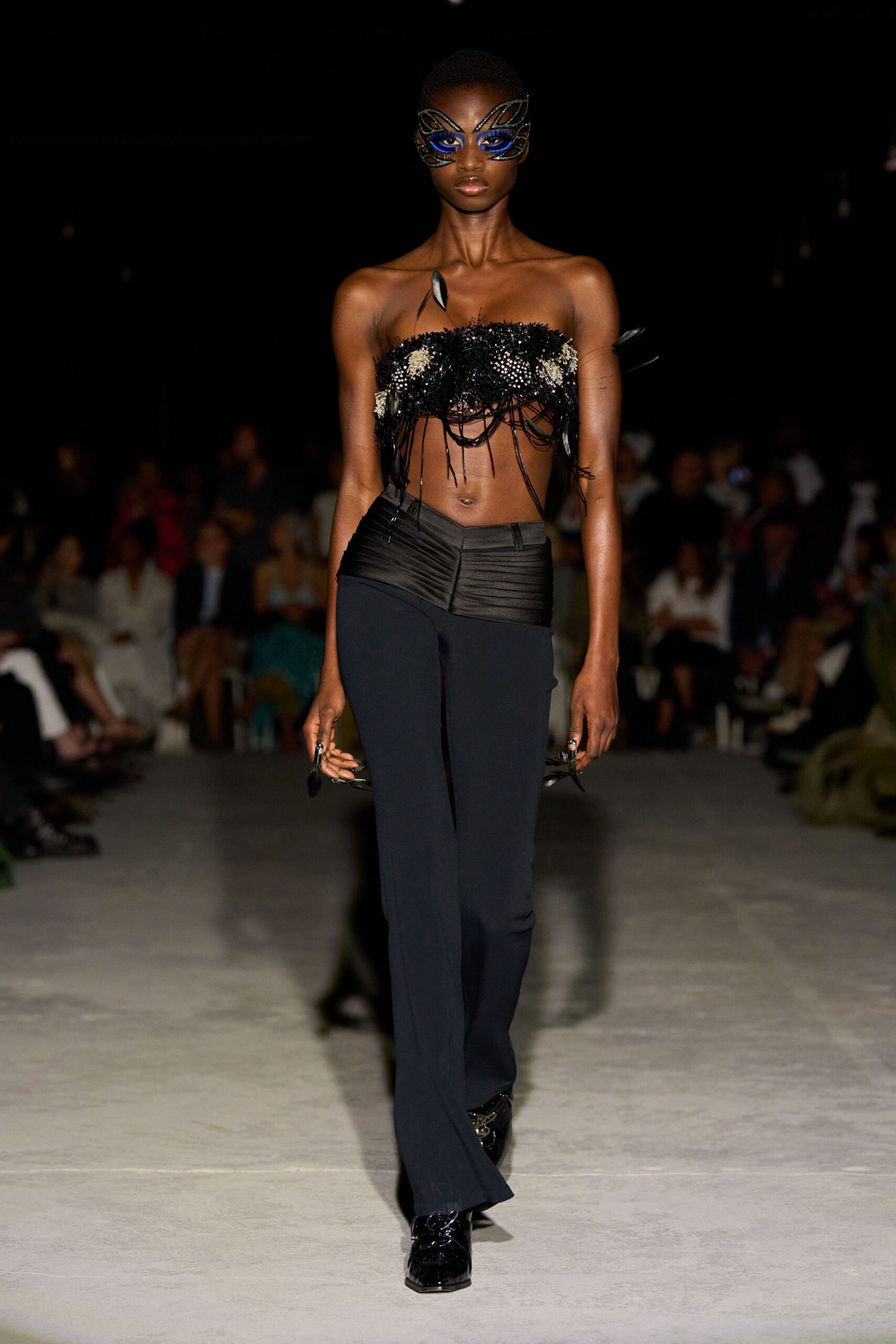 black silk strapless fitted embellished top