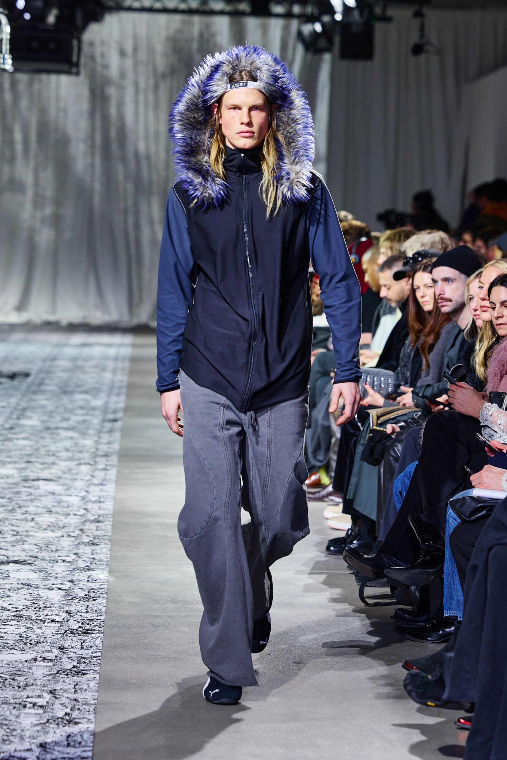 gray denim fitted flared pants