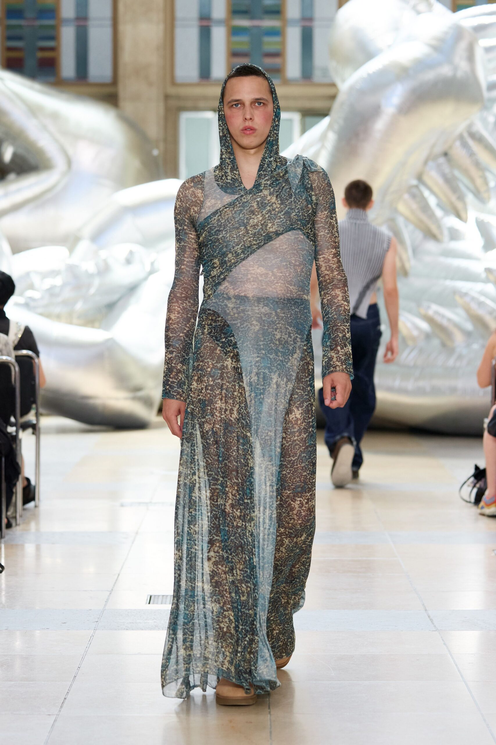 blue gold sheer maxi dress