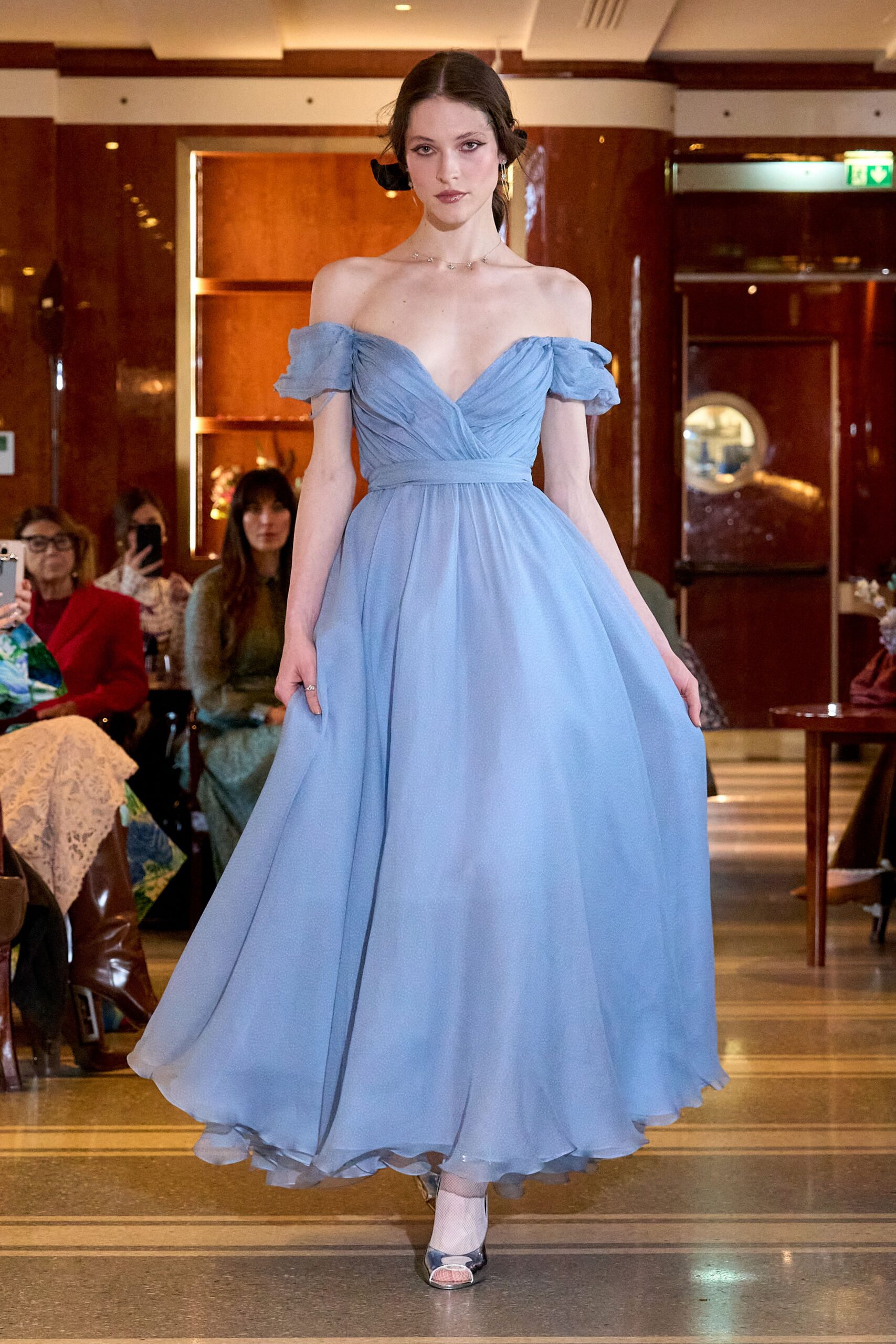 blue chiffon off-shoulder v-neck fitted flowing maxi gown