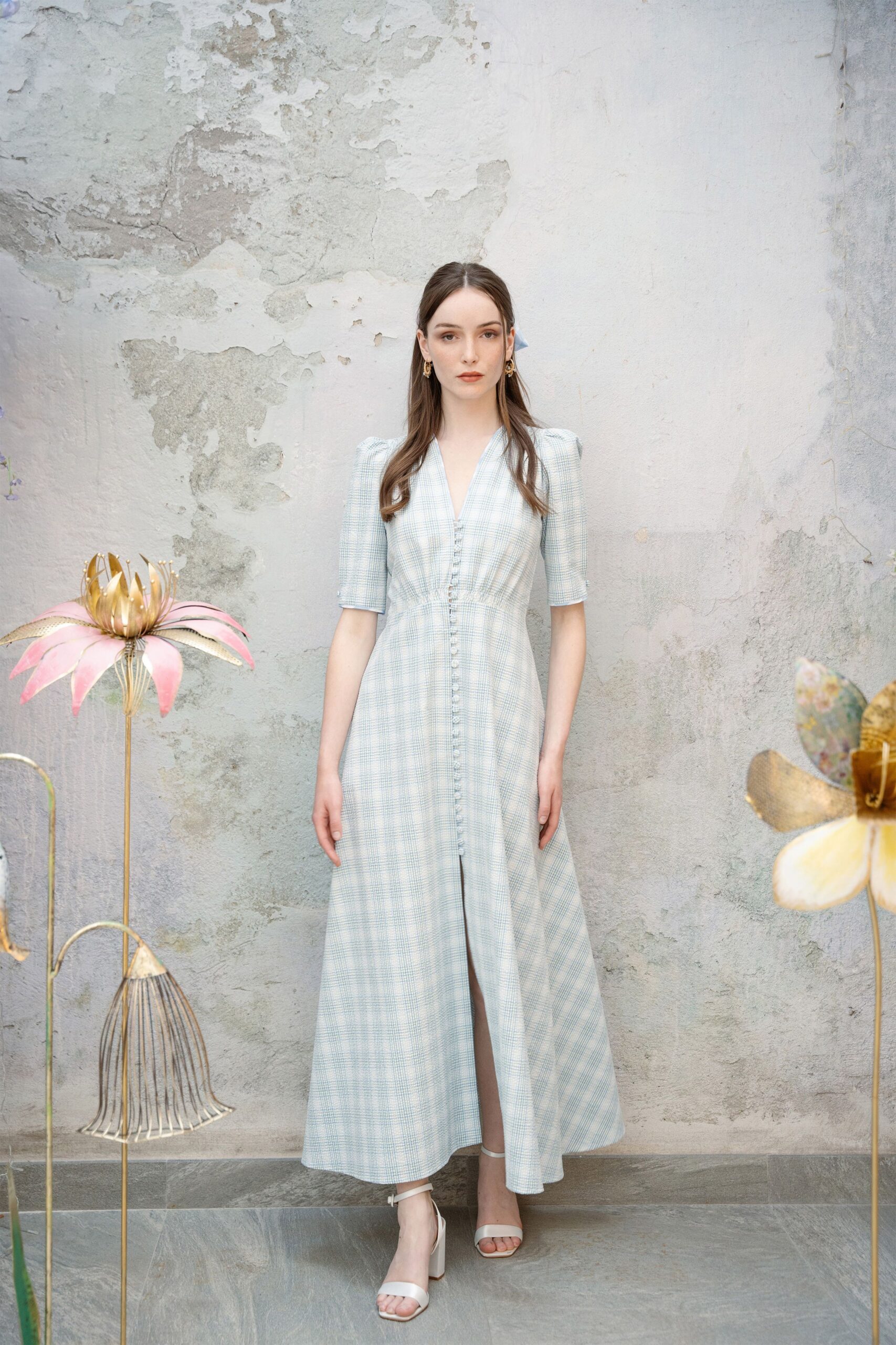 blue and white checked maxi dress