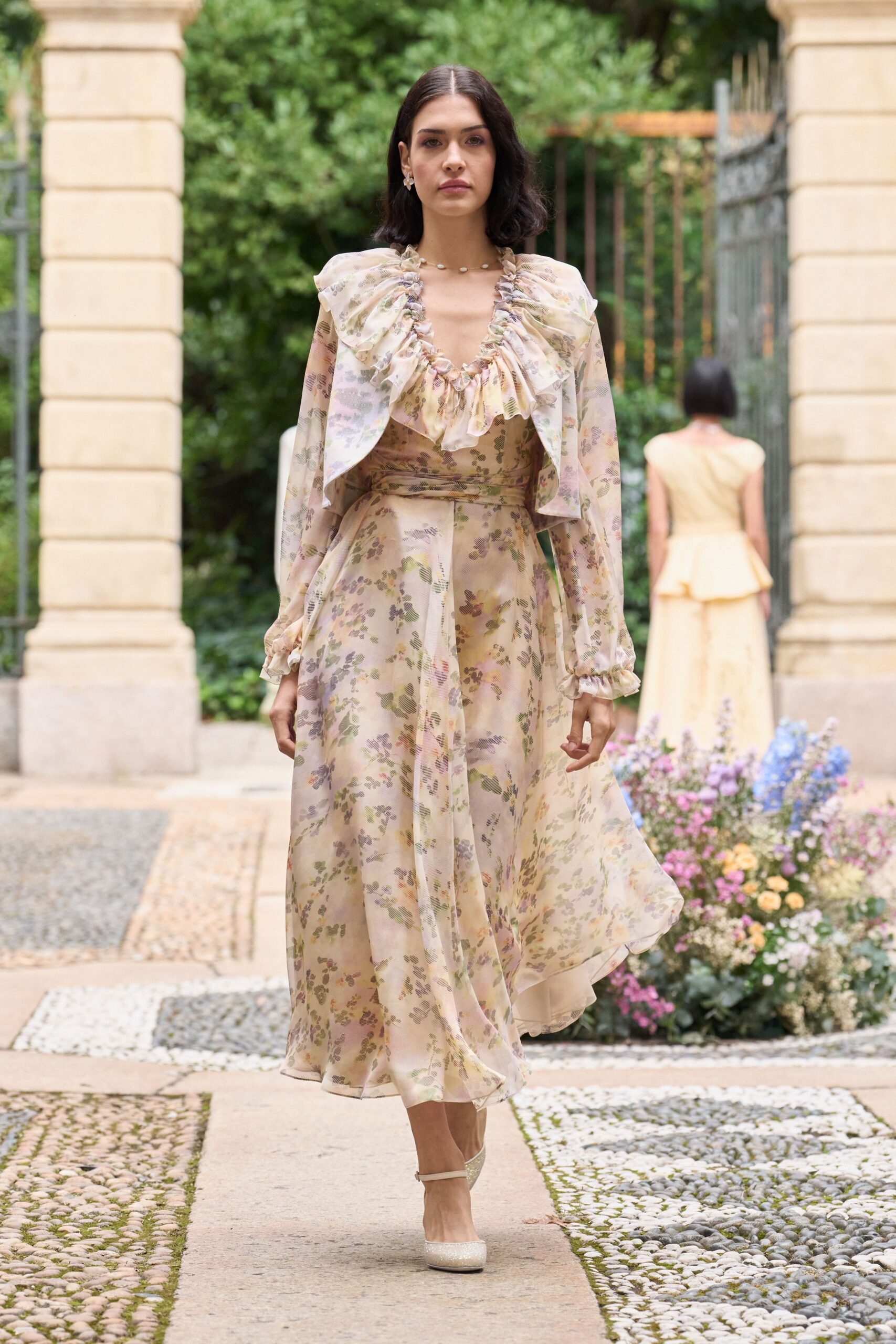 beige silk long-sleeve v-neck fitted floral ruffled dress