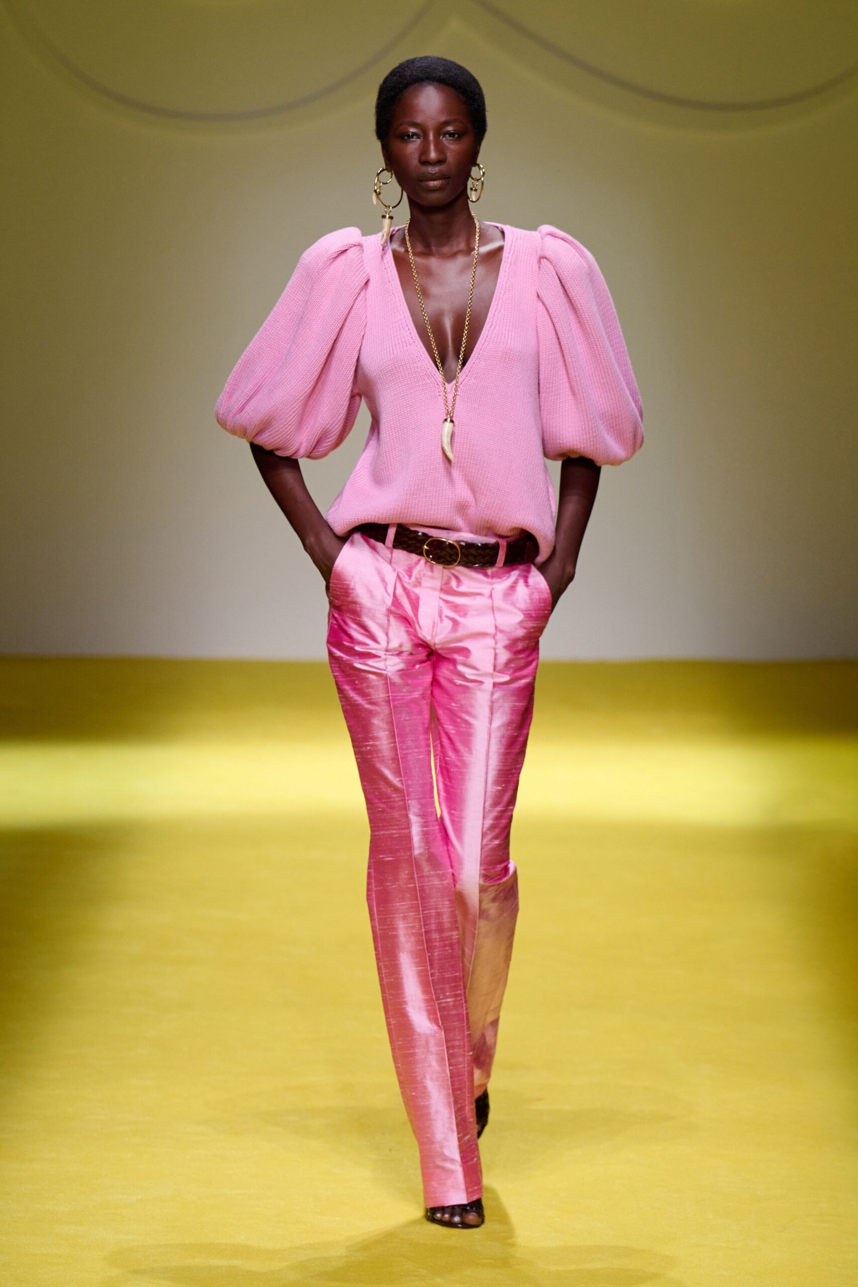 pink knit top with satin pants