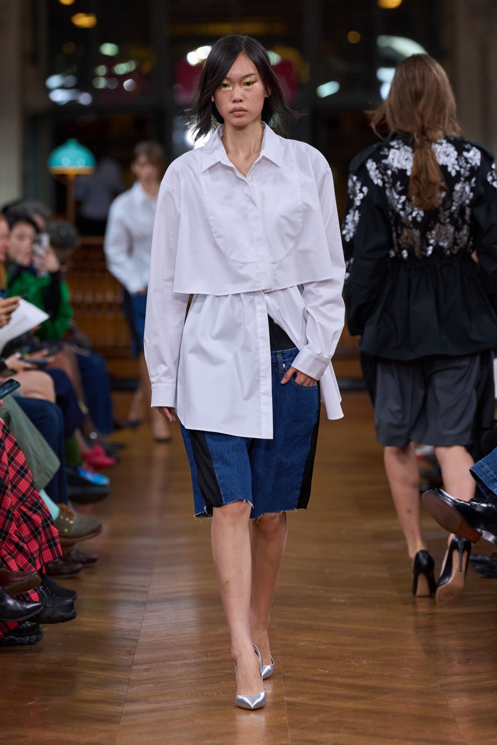white relaxed shirt with denim skirt