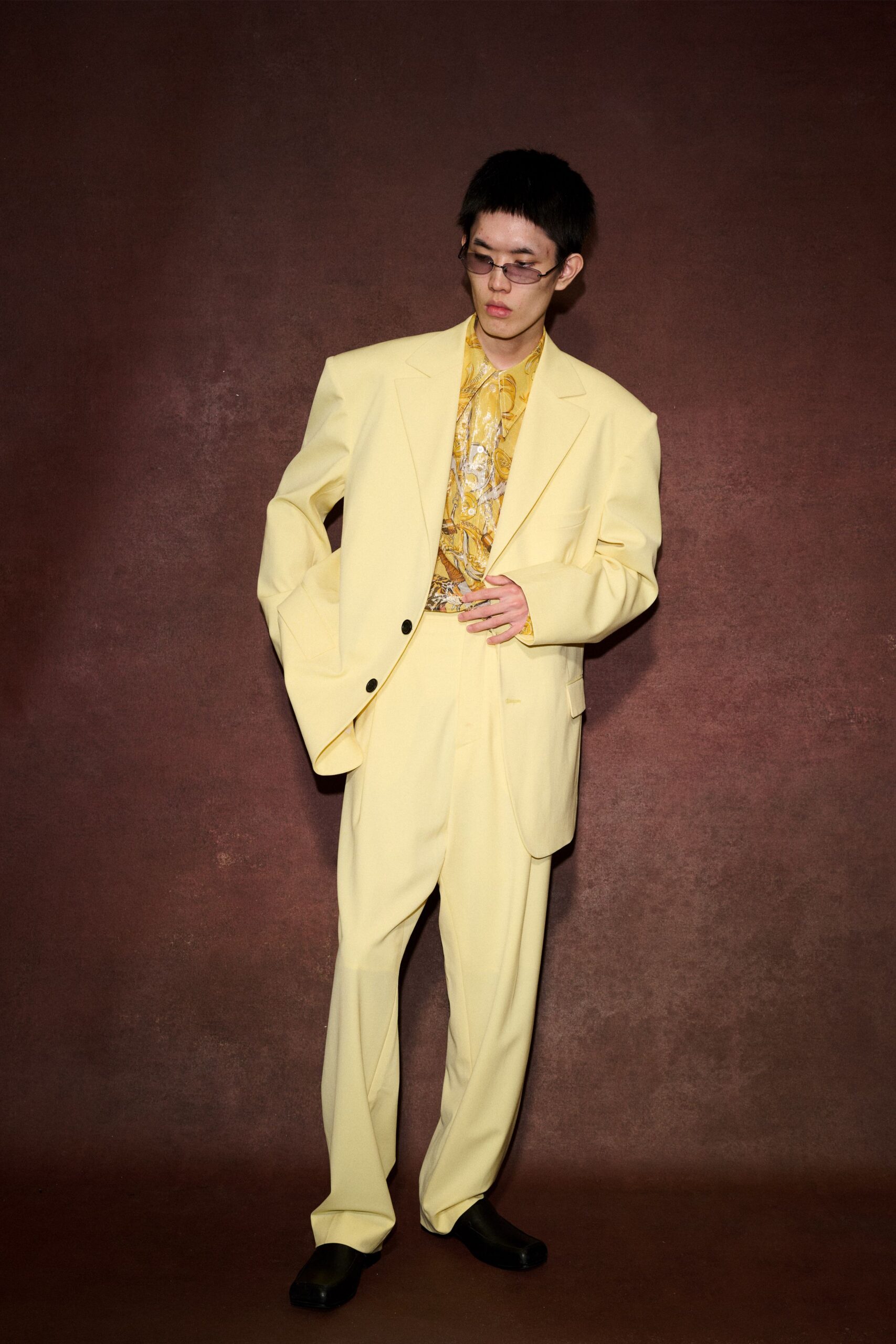 yellow tailored suit with shirt