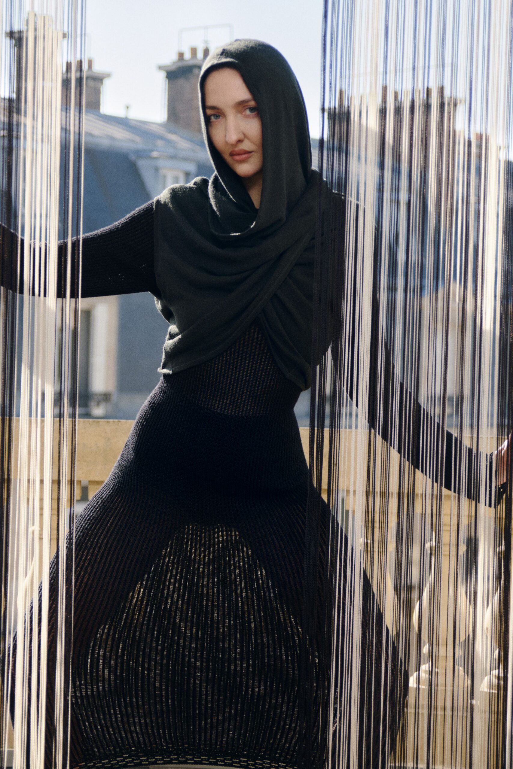 black fitted knit hooded dress