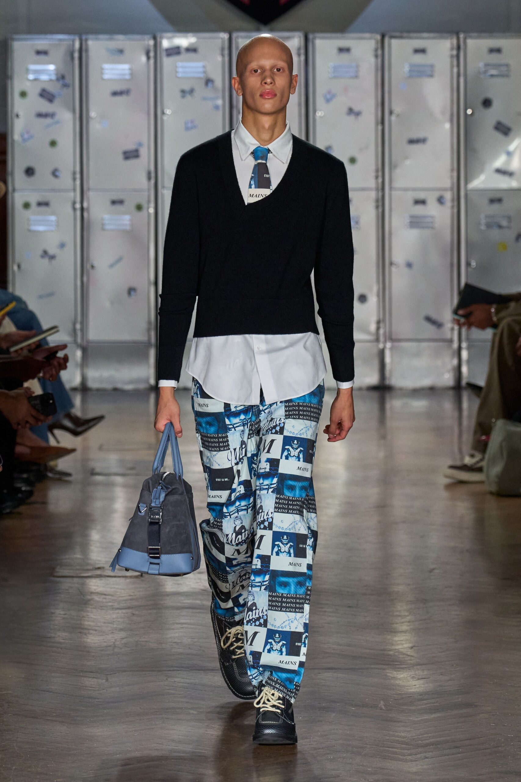 black sweater white shirt printed pants