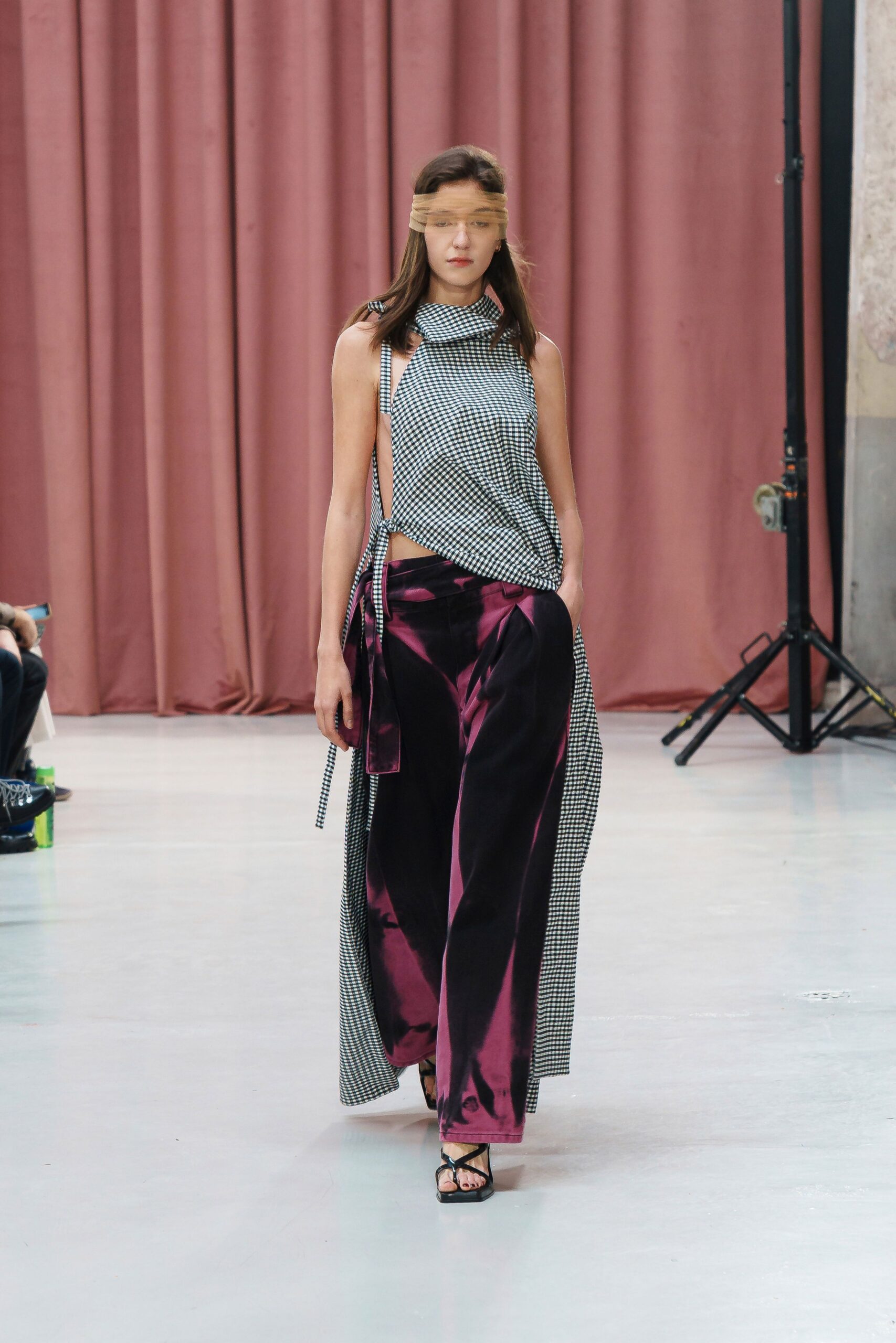 checked top with wide-leg pants
