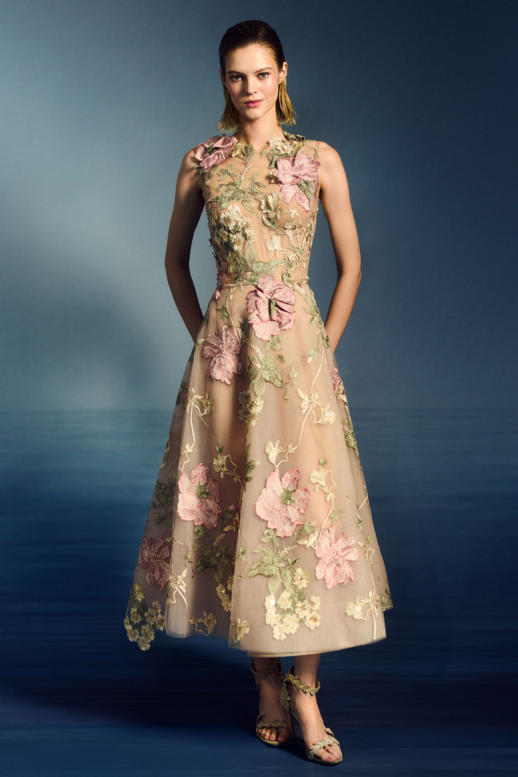 beige silk sleeveless high-neck fitted embroidered tiered dress