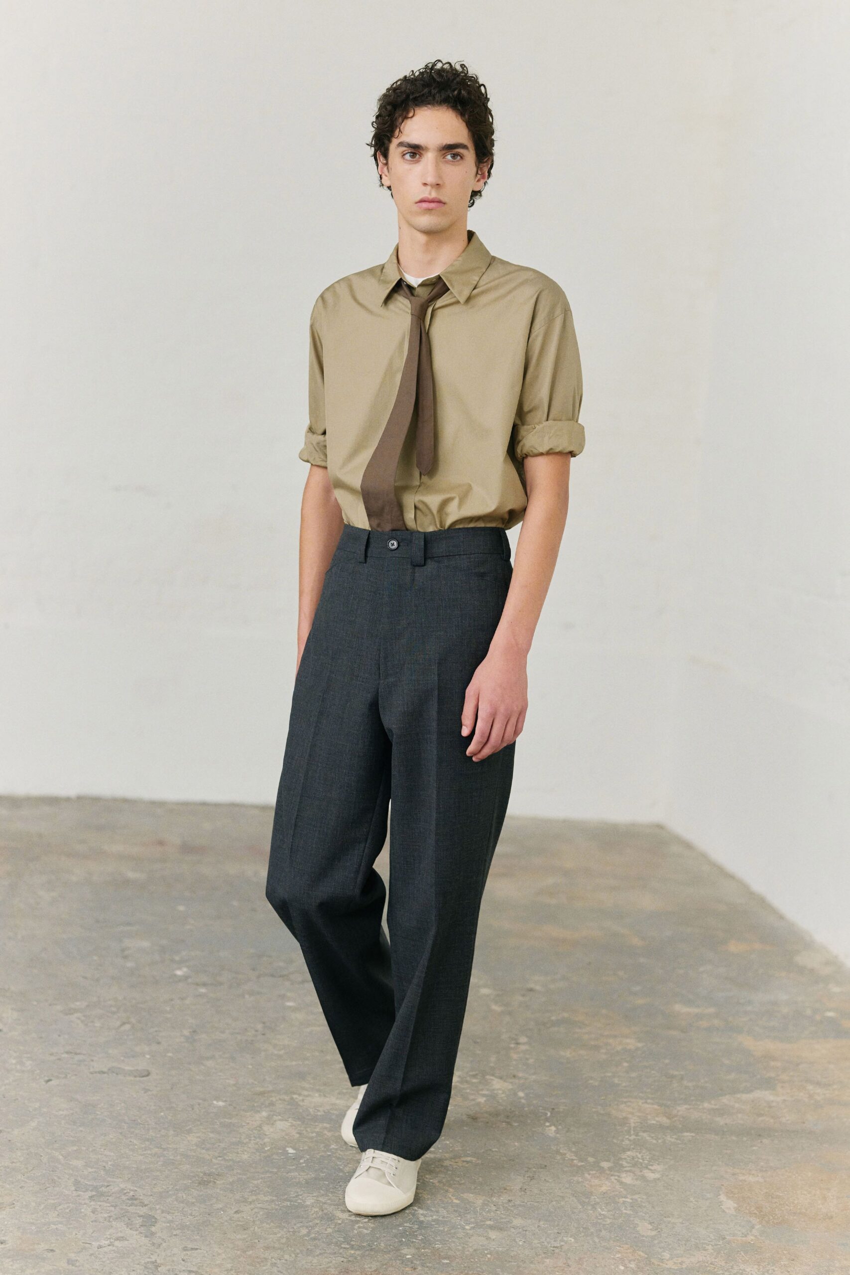 gray wool tailored high-waisted wide-leg pants