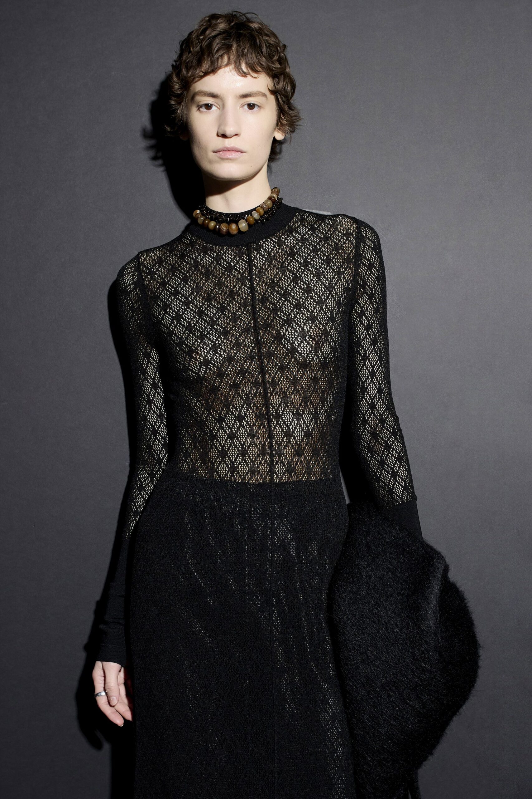 black lace long-sleeve high-neck fitted sheer textured dress
