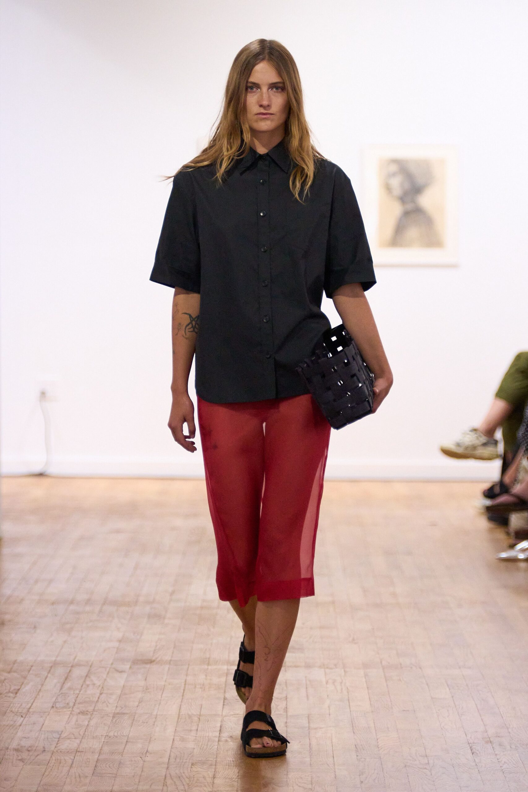 red chiffon fitted pleated sheer pants