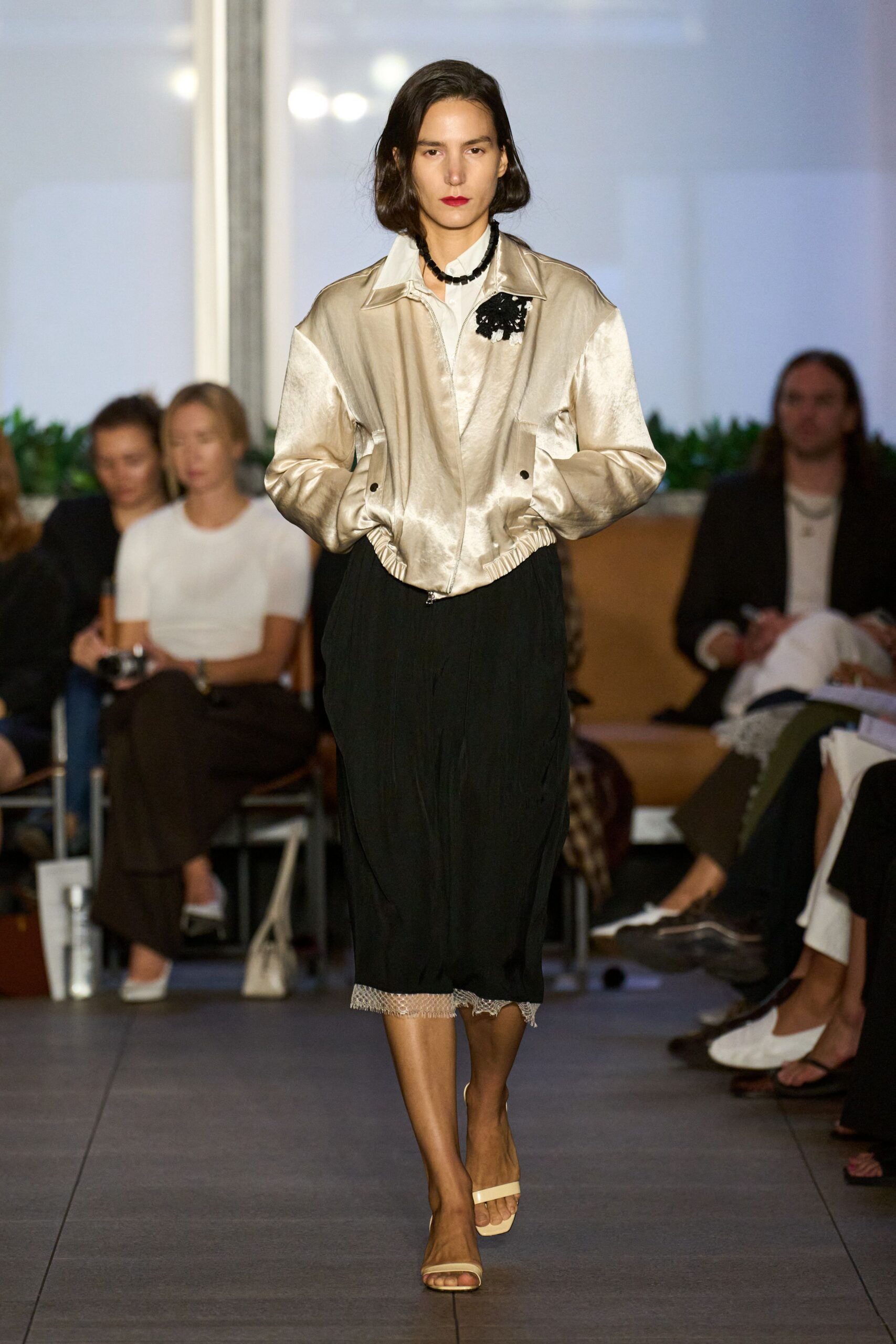 beige silk long-sleeve collared fitted buttoned shiny jacket
