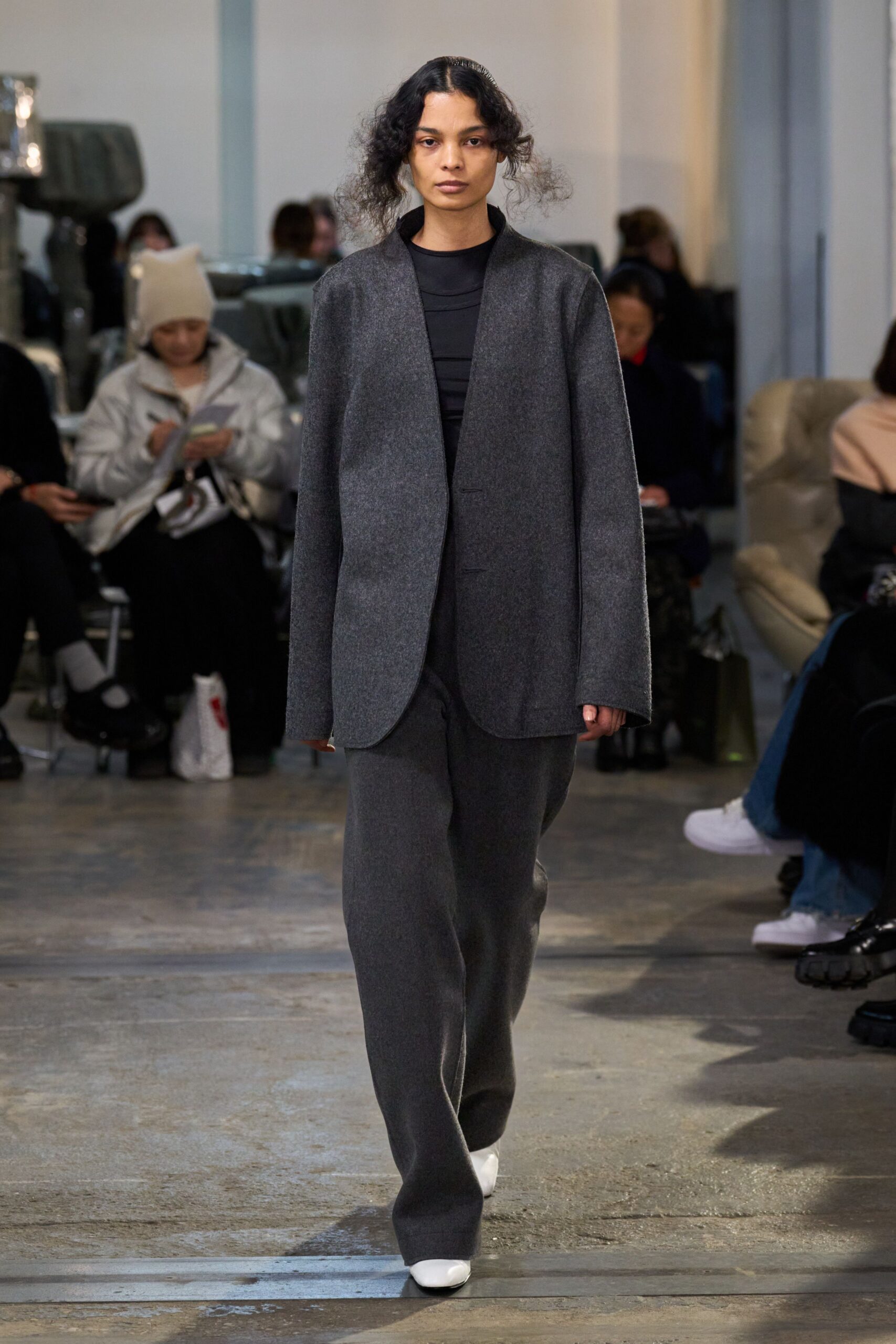 gray wool blazer with black top