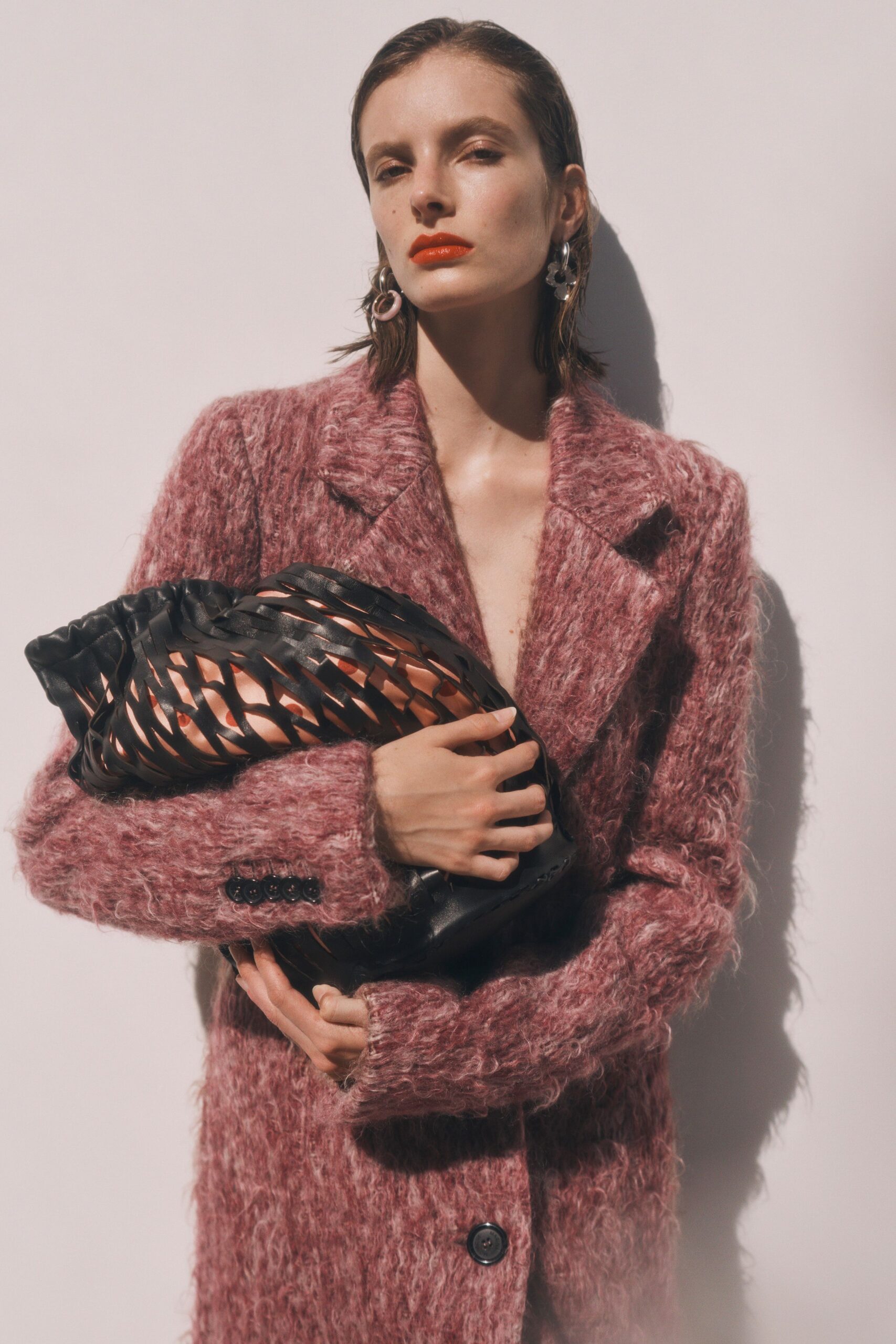 pink wool long-sleeve v-neck relaxed textured coat