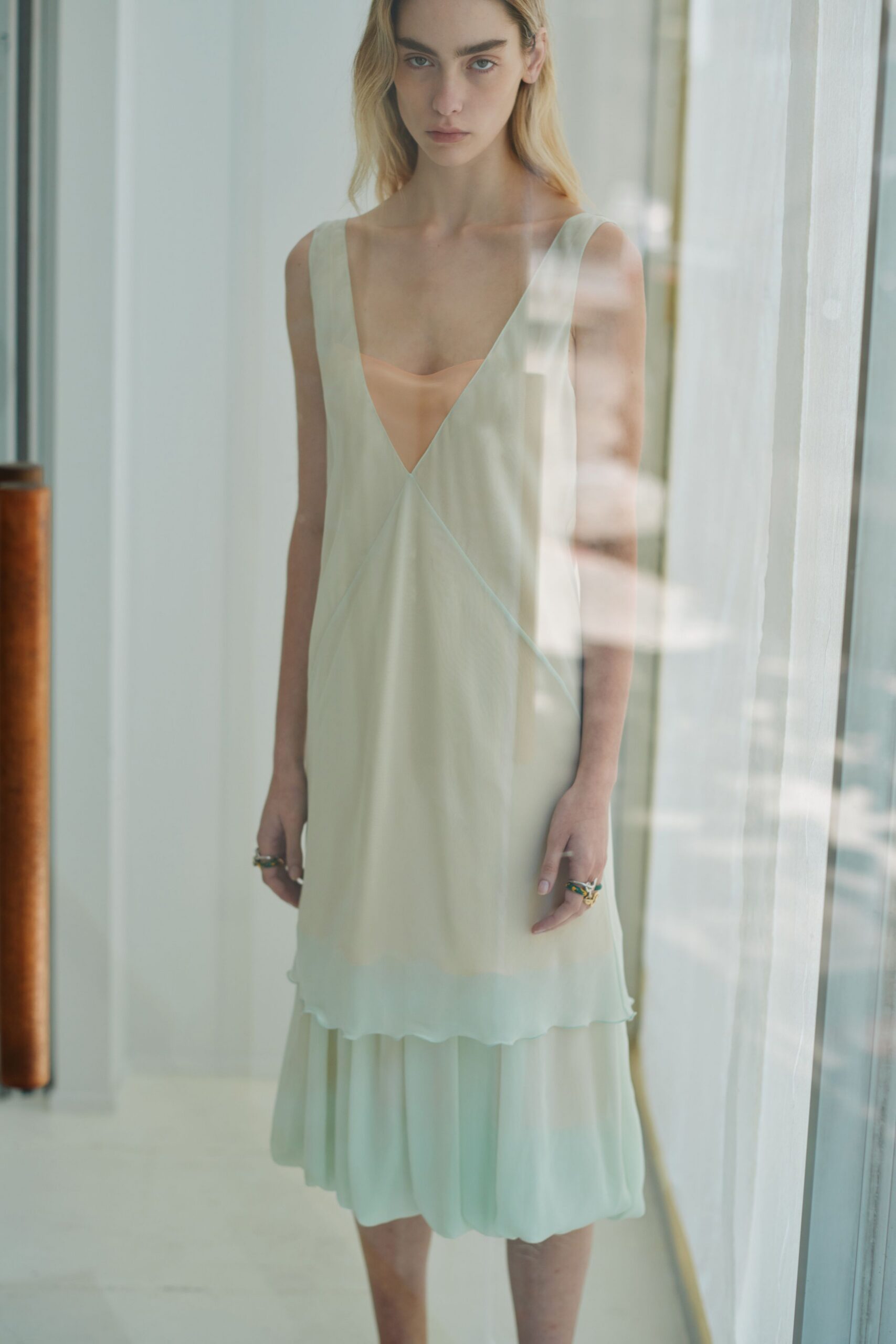 beige silk sleeveless layered dress