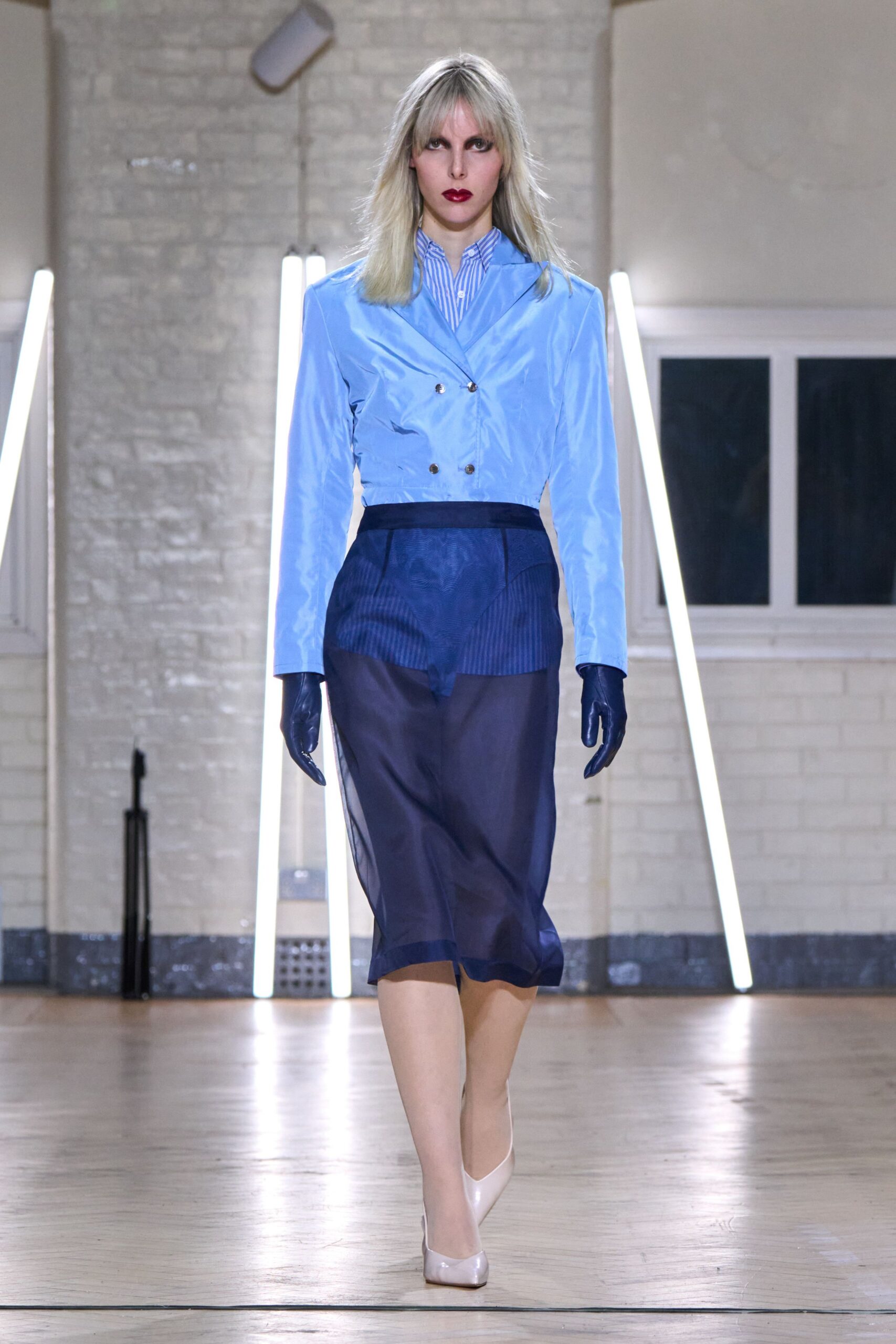 blue slit fitted sheer flowing skirt