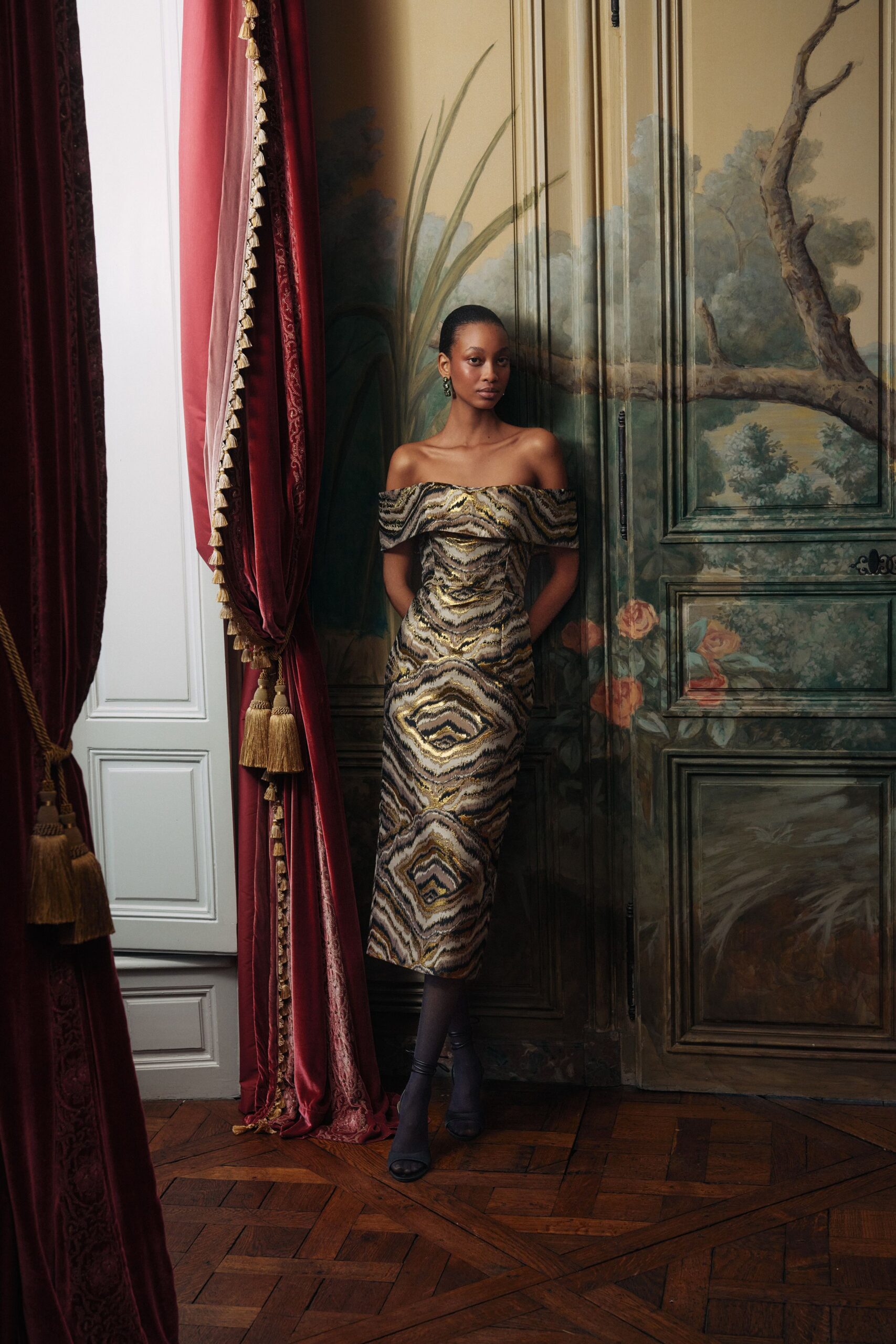 gold silk off-shoulder fitted printed midi dress