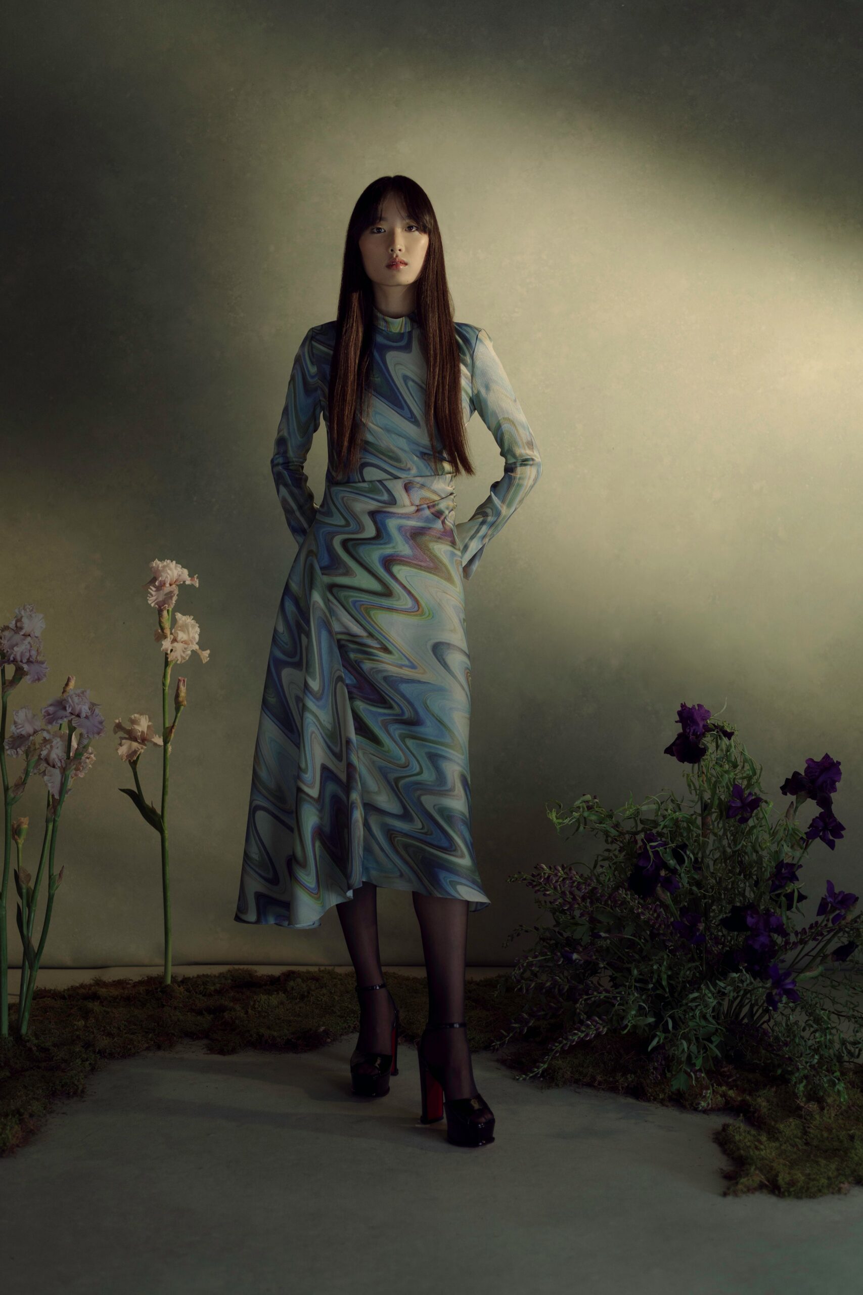 blue silk long-sleeve high-neck fitted printed flowing dress