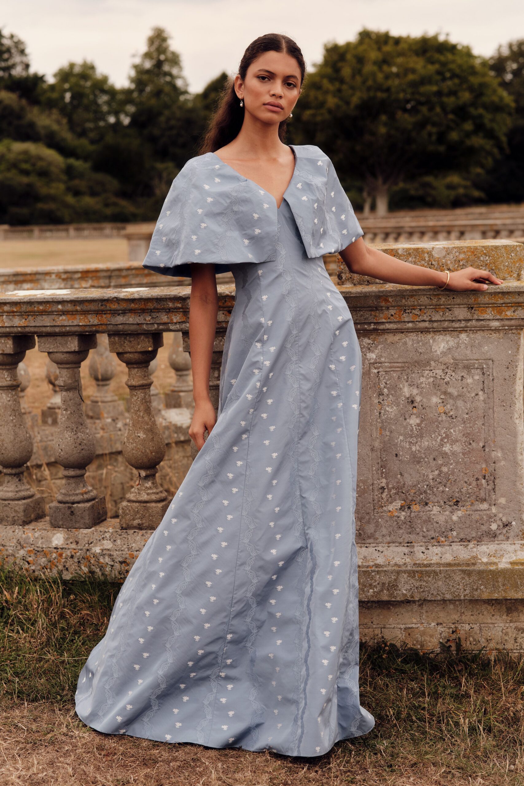blue embroidered sleeveless gown