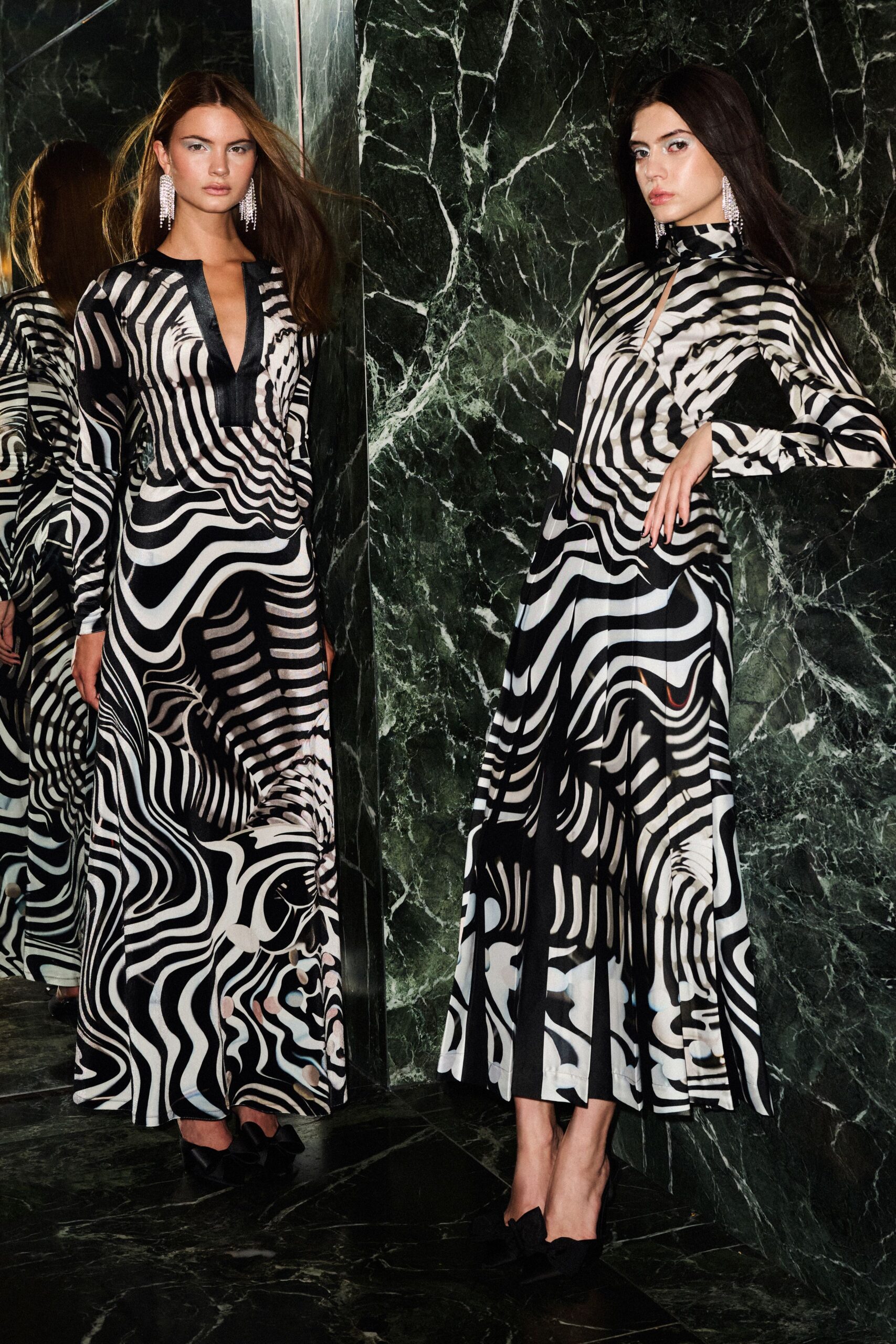 black silk long-sleeve collared fitted printed maxi gown
