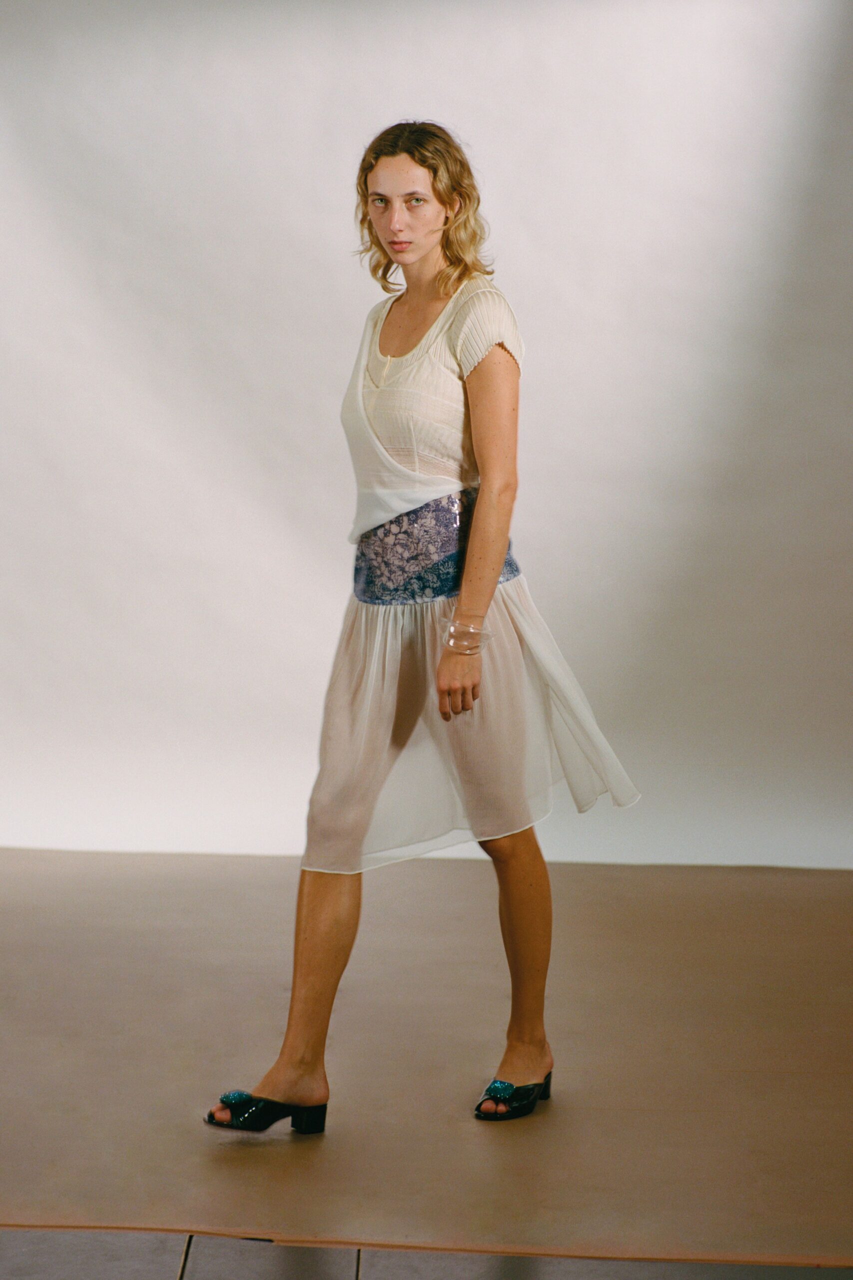white silk short-sleeve v-neck fitted layered dress