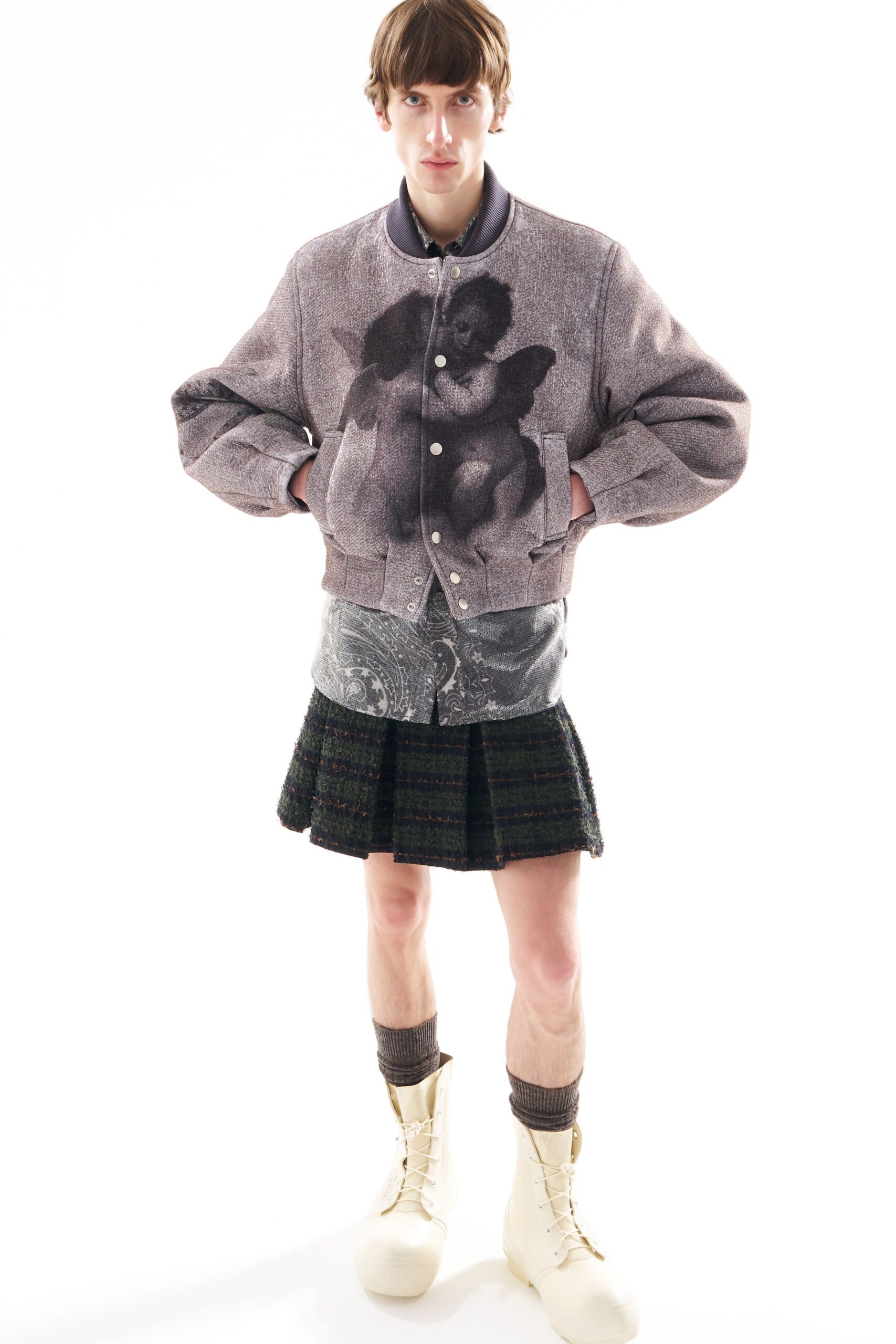 gray cotton long-sleeve collared relaxed printed jacket