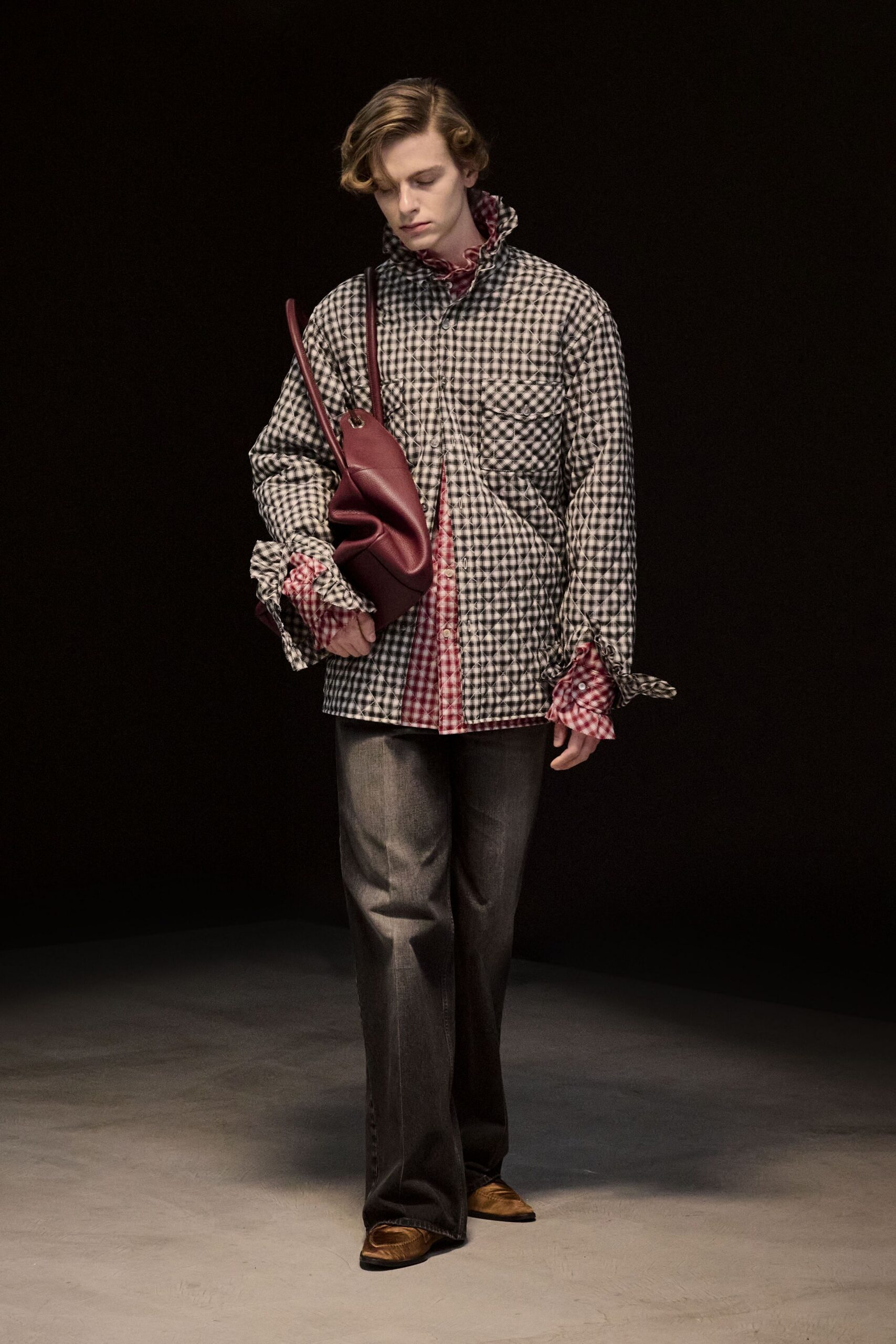 gray denim tailored straight-leg pants