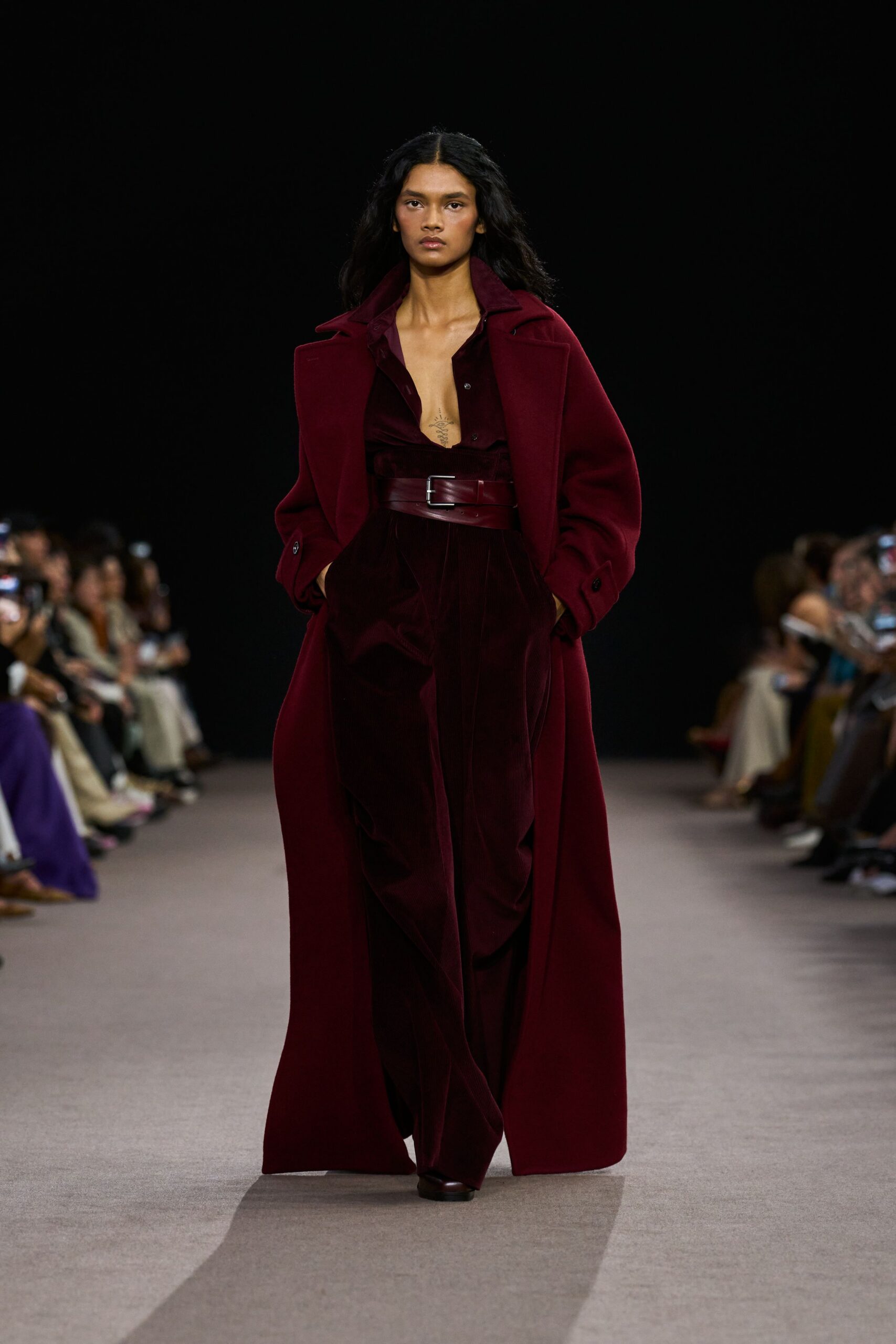 red wool long-sleeve collared fitted belted maxi coat