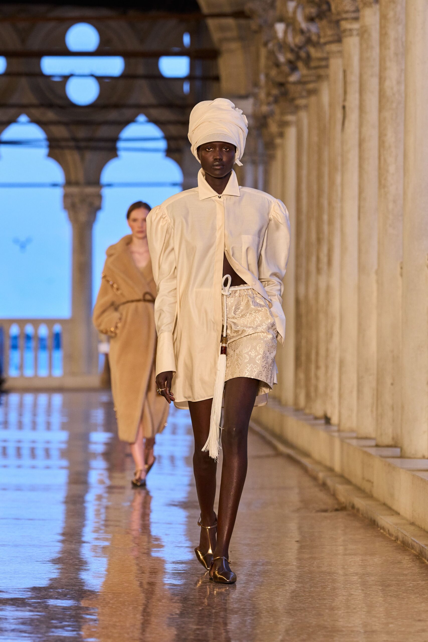 white relaxed shirt with silver skirt