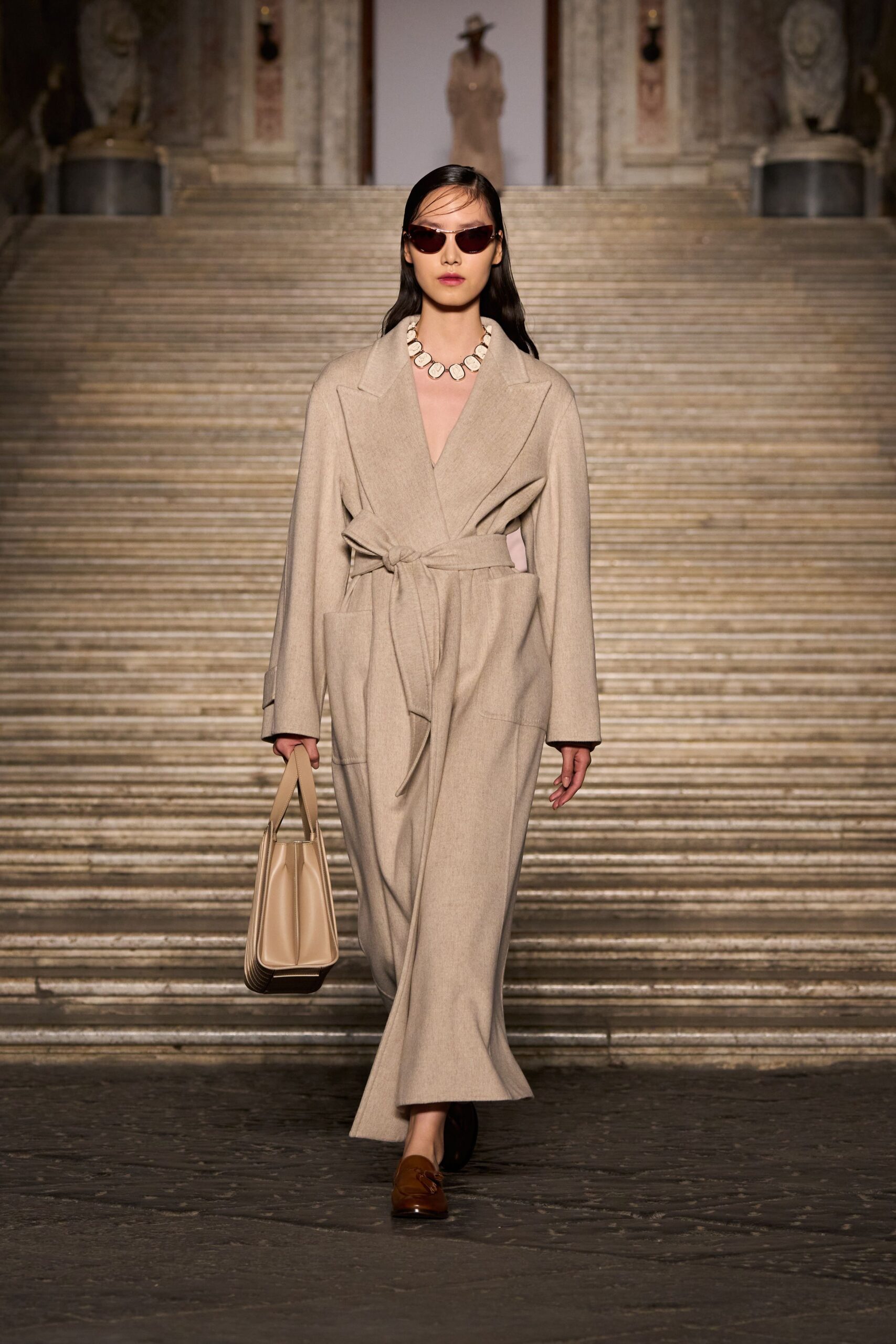 beige wool coat with pink dress