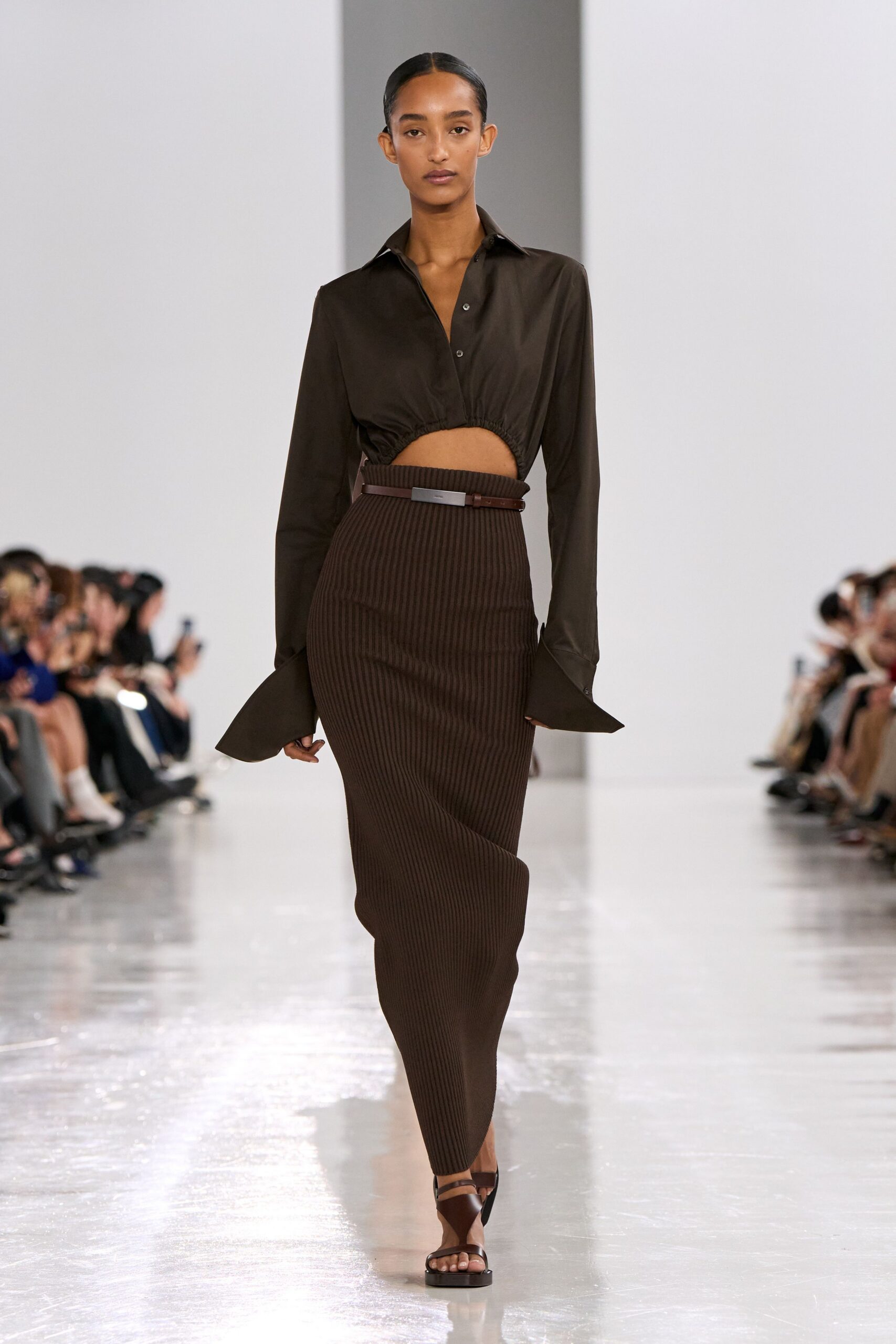 brown silk long-sleeve collared fitted buttoned shirt