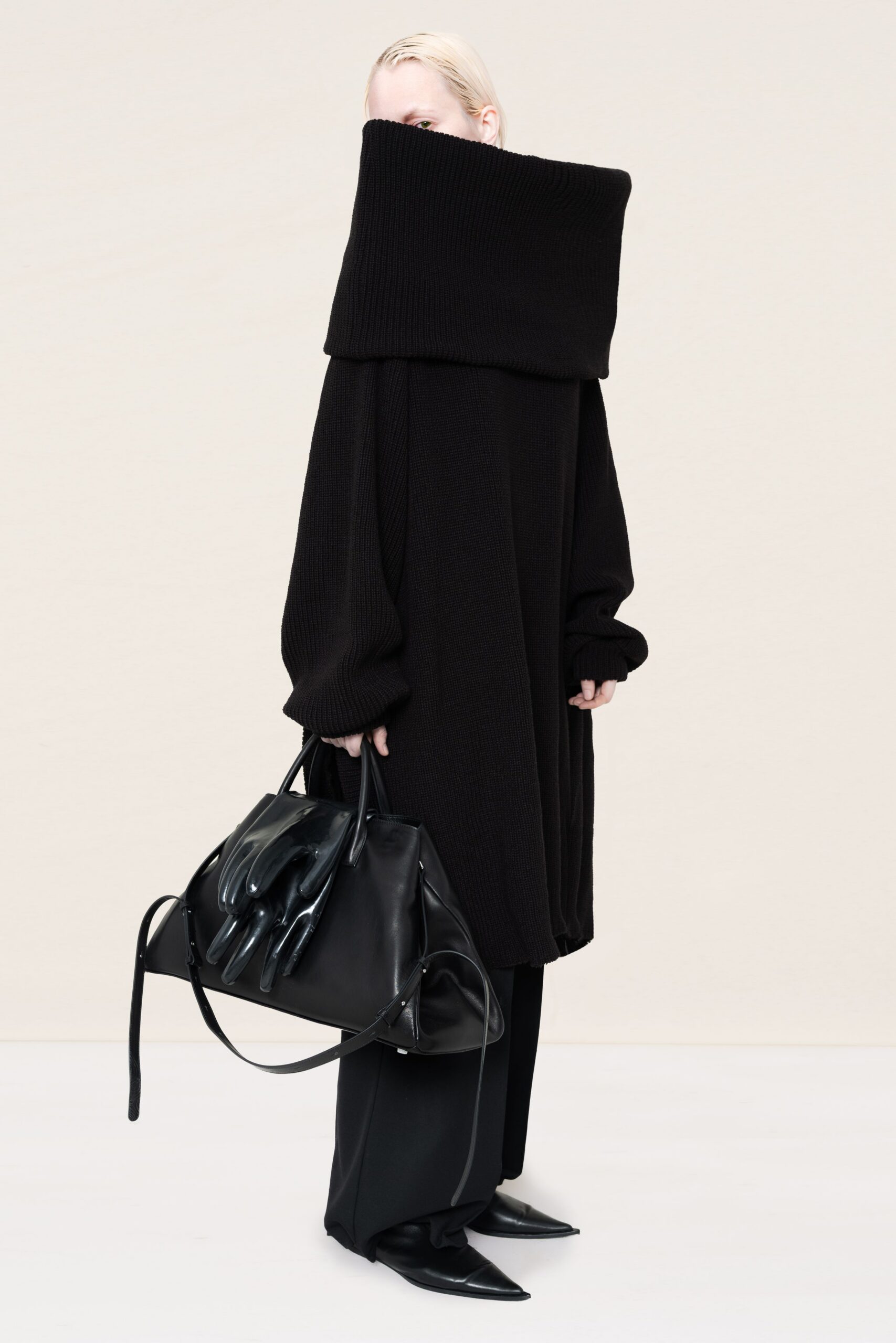 black wool long-sleeve high-neck relaxed oversized dress