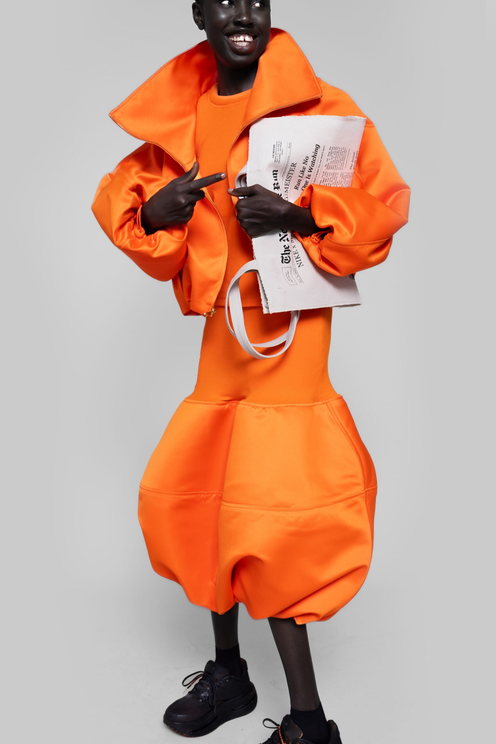 orange neoprene long-sleeve collared oversized jacket