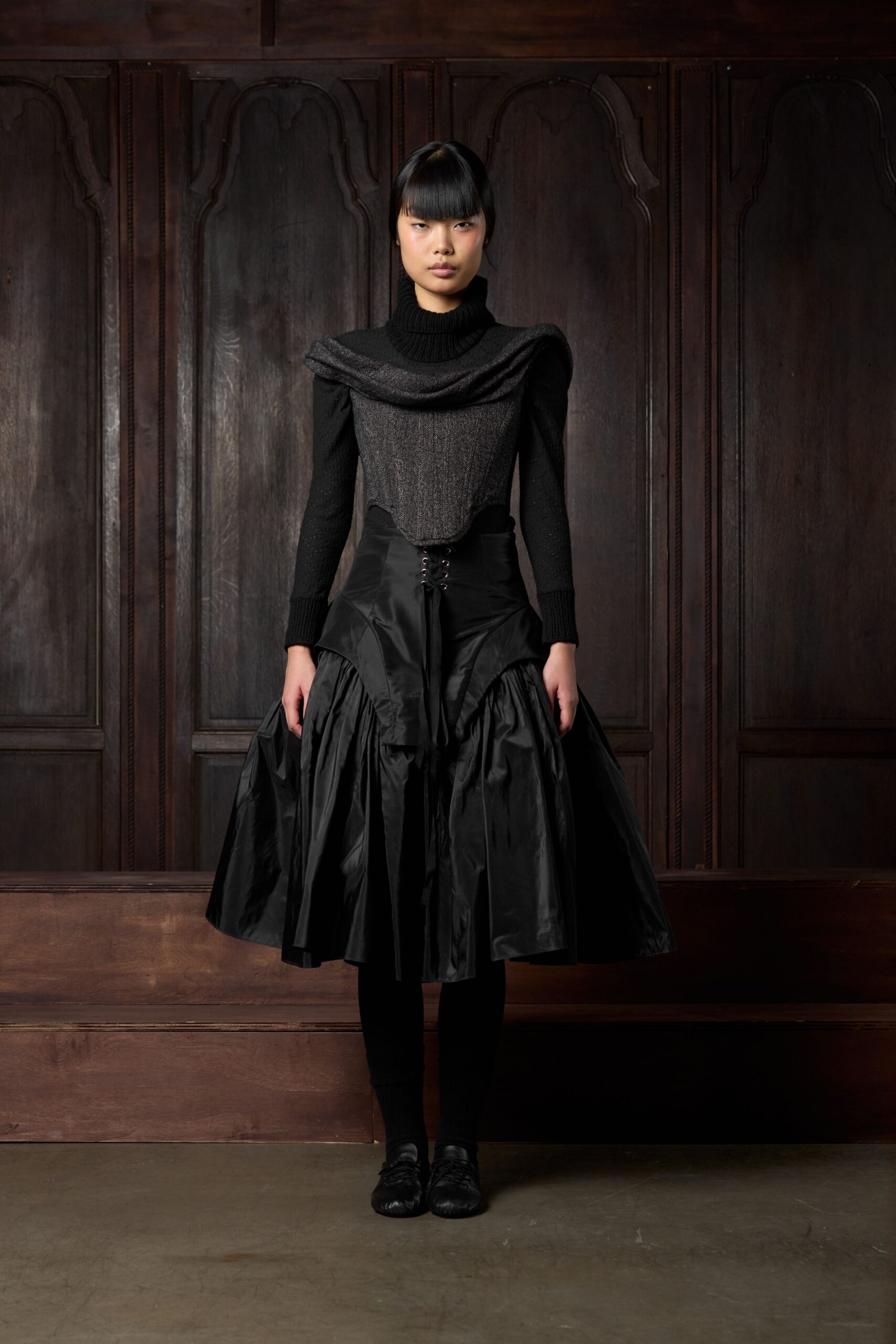 black silk top and skirt