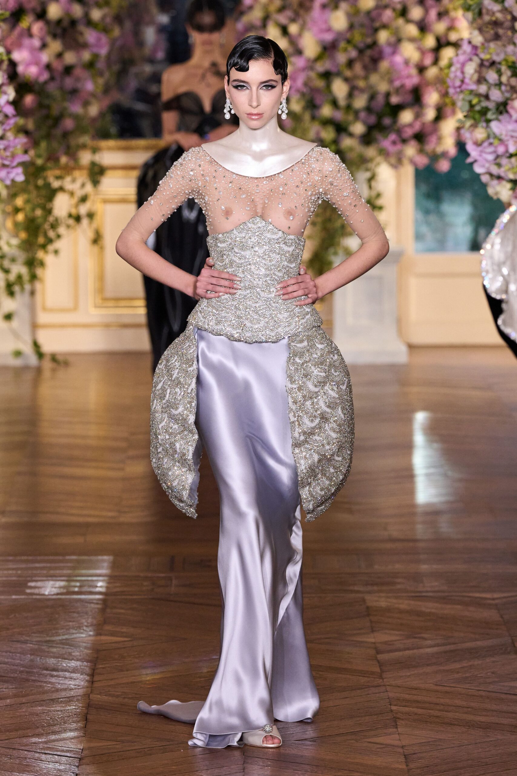 silver beaded sleeveless gown