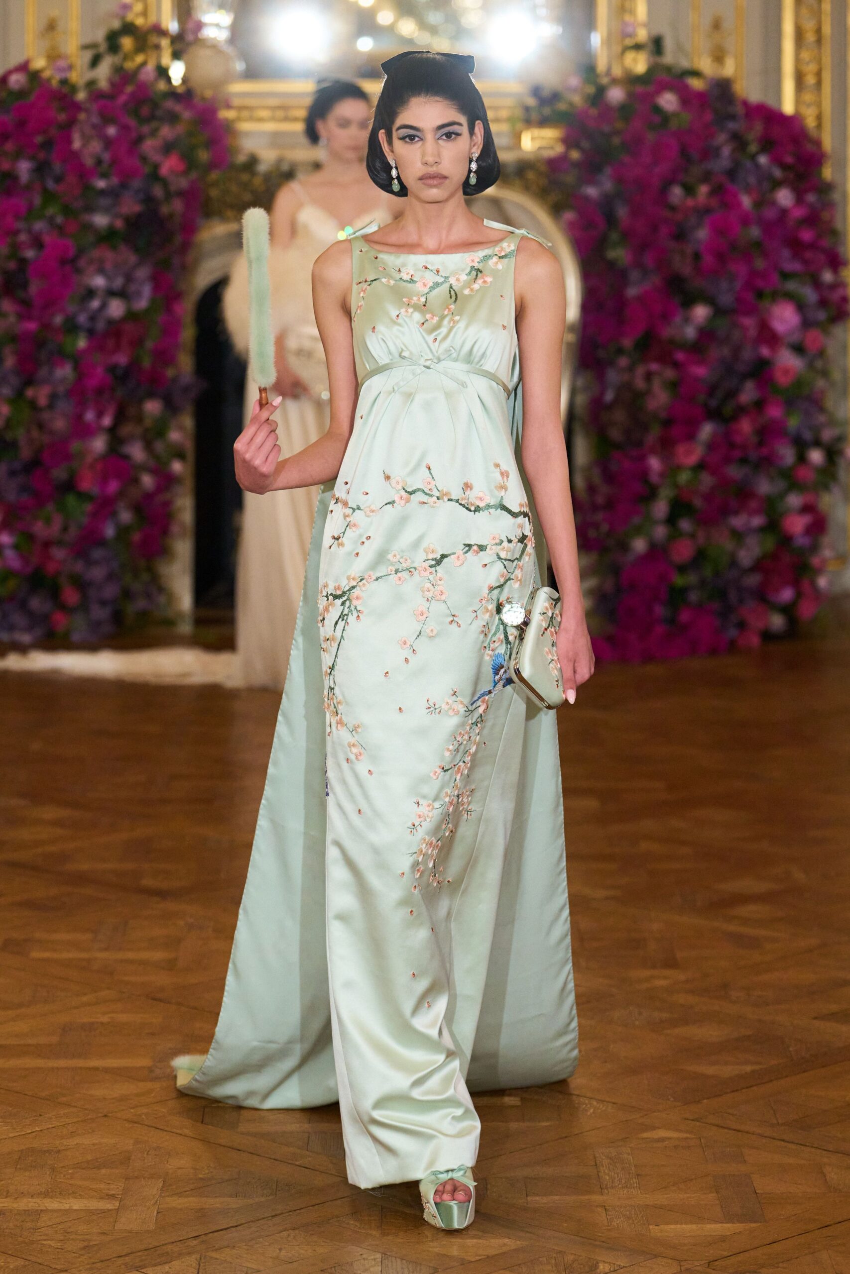green silk sleeveless high-neck fitted embroidered maxi gown