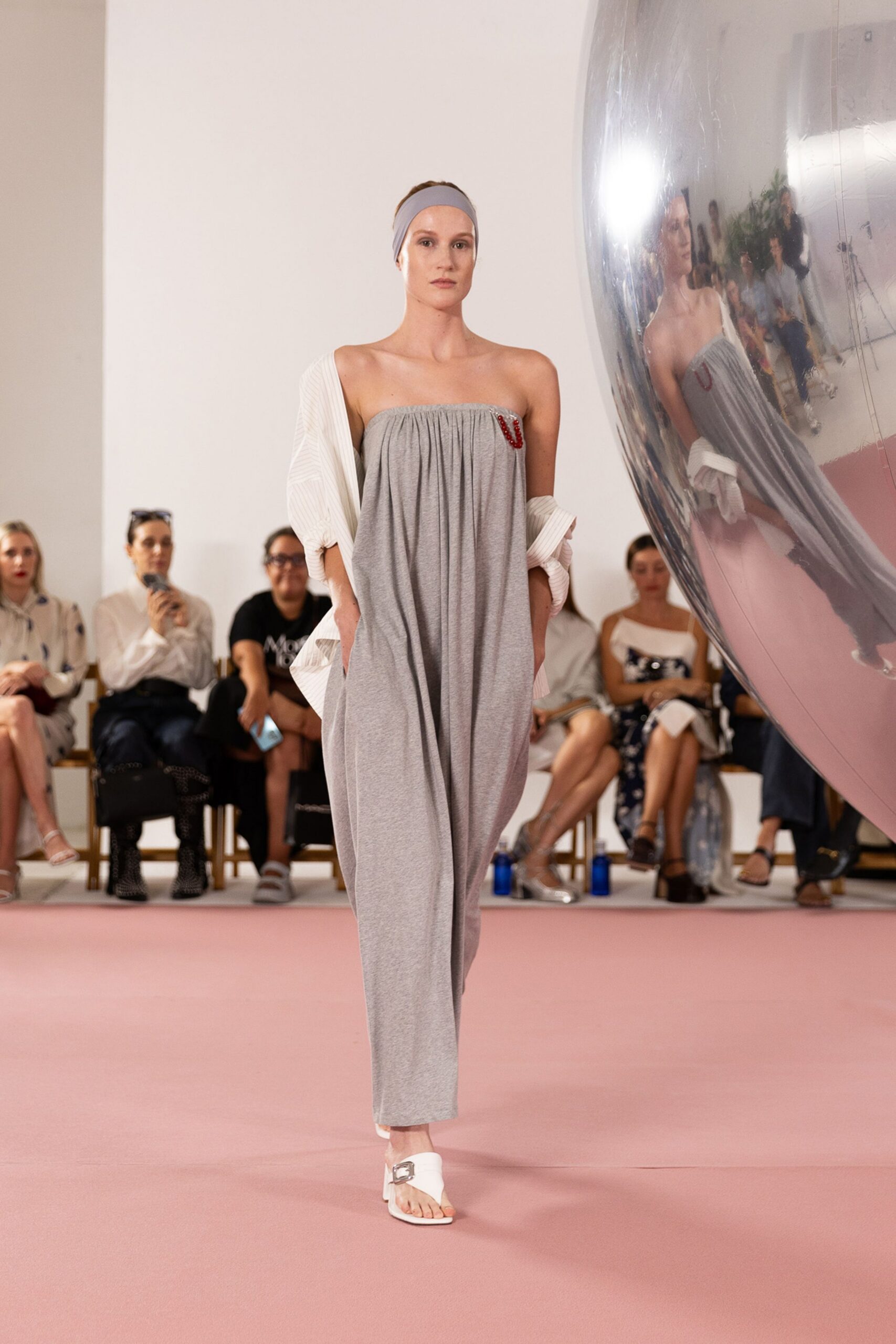 gray strapless draped jumpsuit