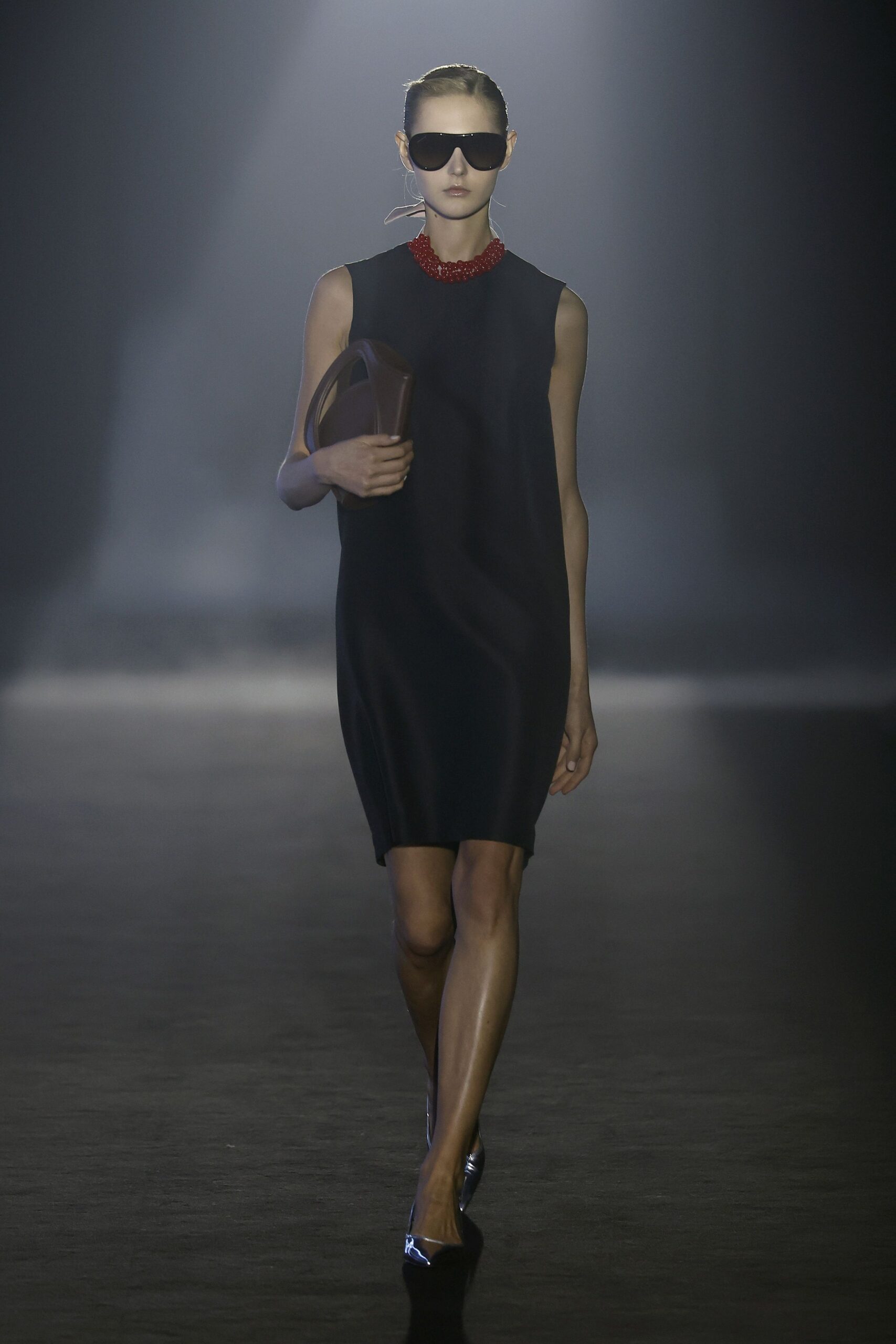 black silk sleeveless high-neck fitted straight-leg mini dress