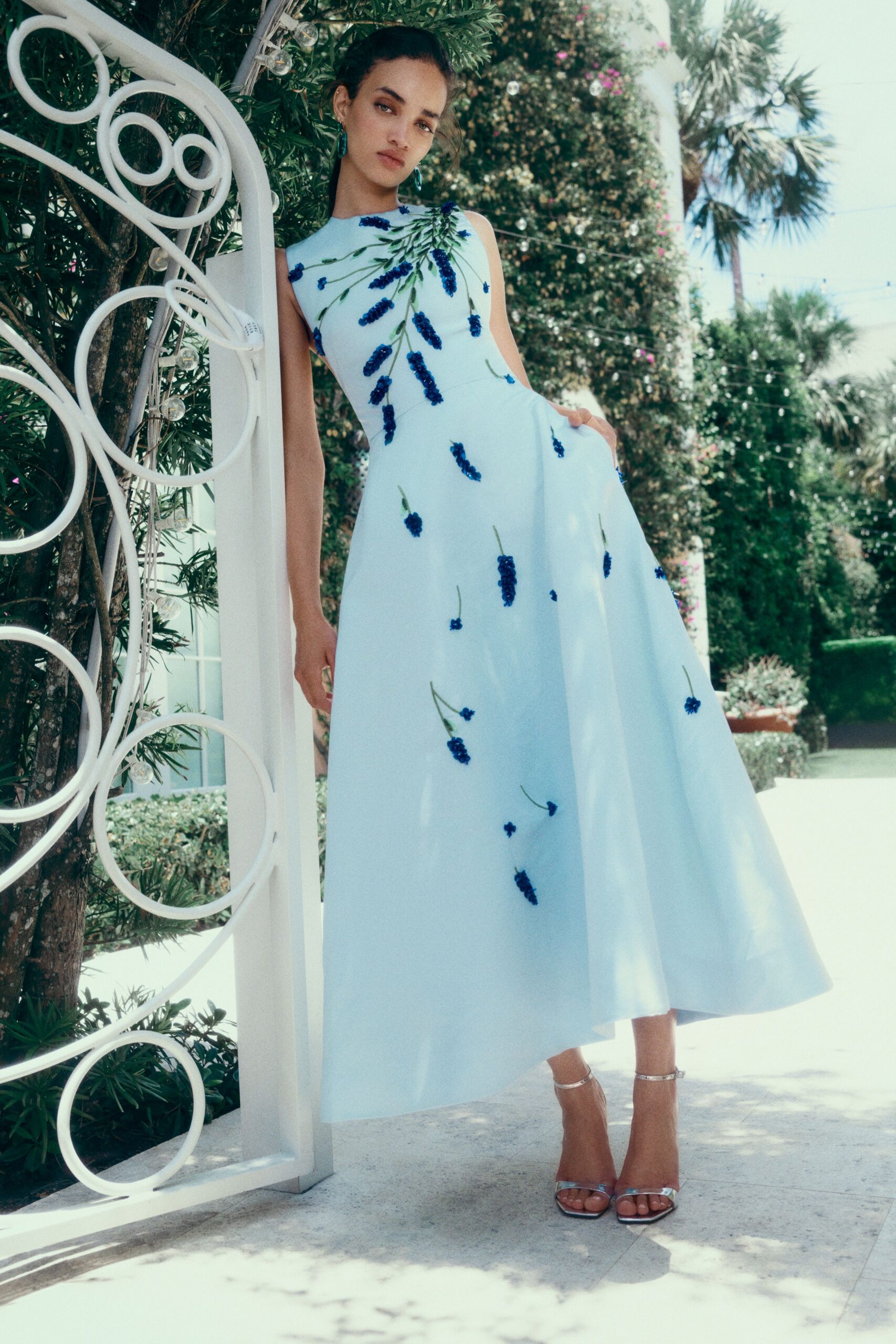 blue silk sleeveless high-neck fitted embroidered a-line dress