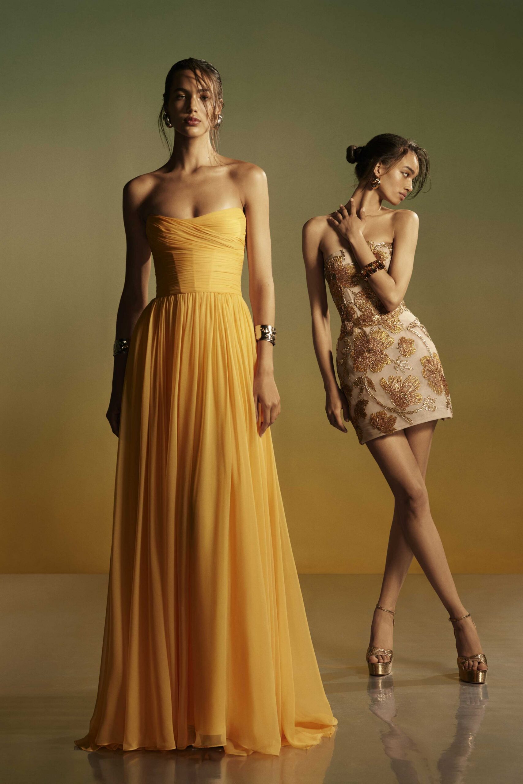 yellow chiffon strapless fitted pleated flowing maxi gown