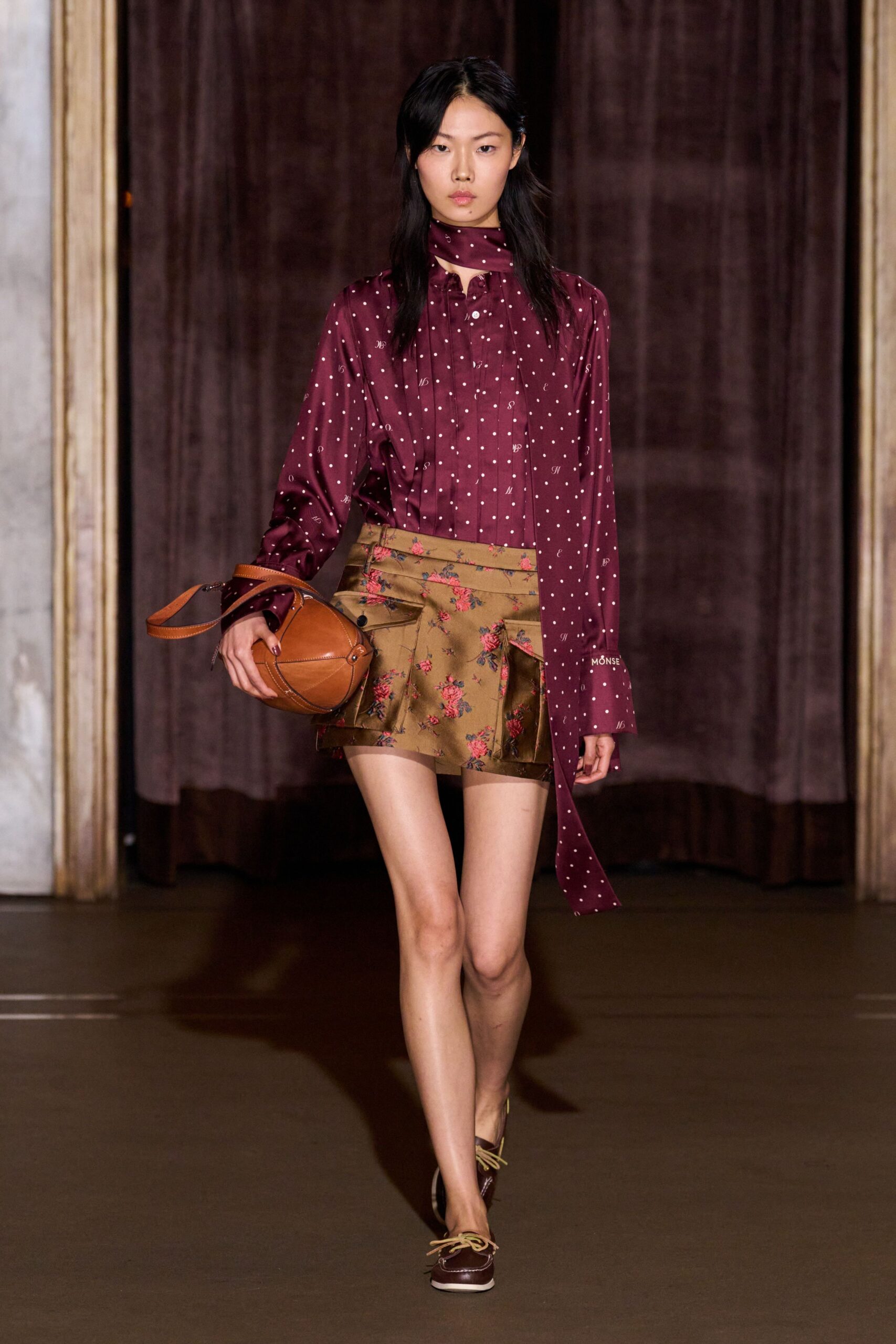 brown silk fitted floral flared skirt