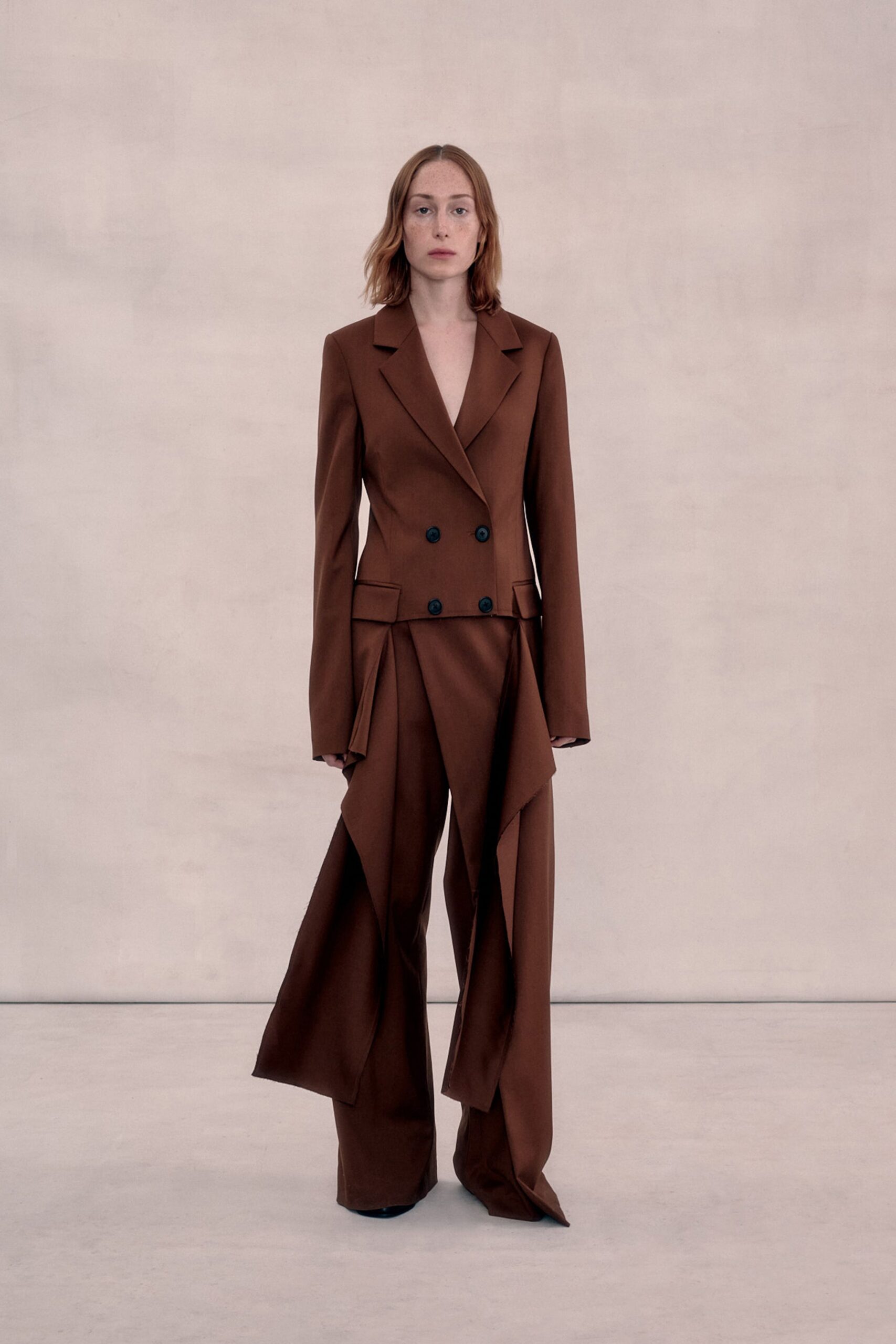 brown wool long-sleeve collared tailored draped suit