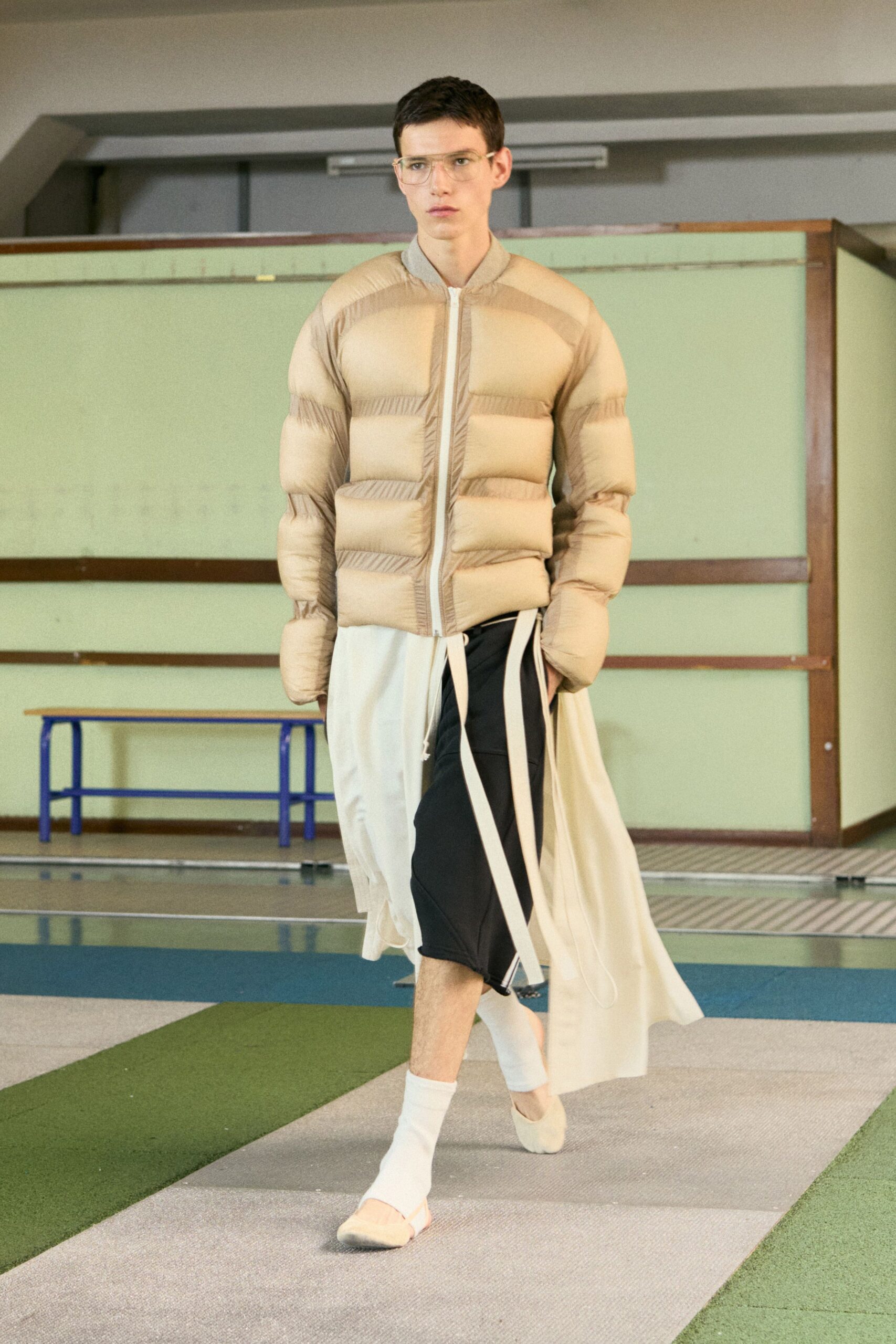 beige padded jacket with layered skirt