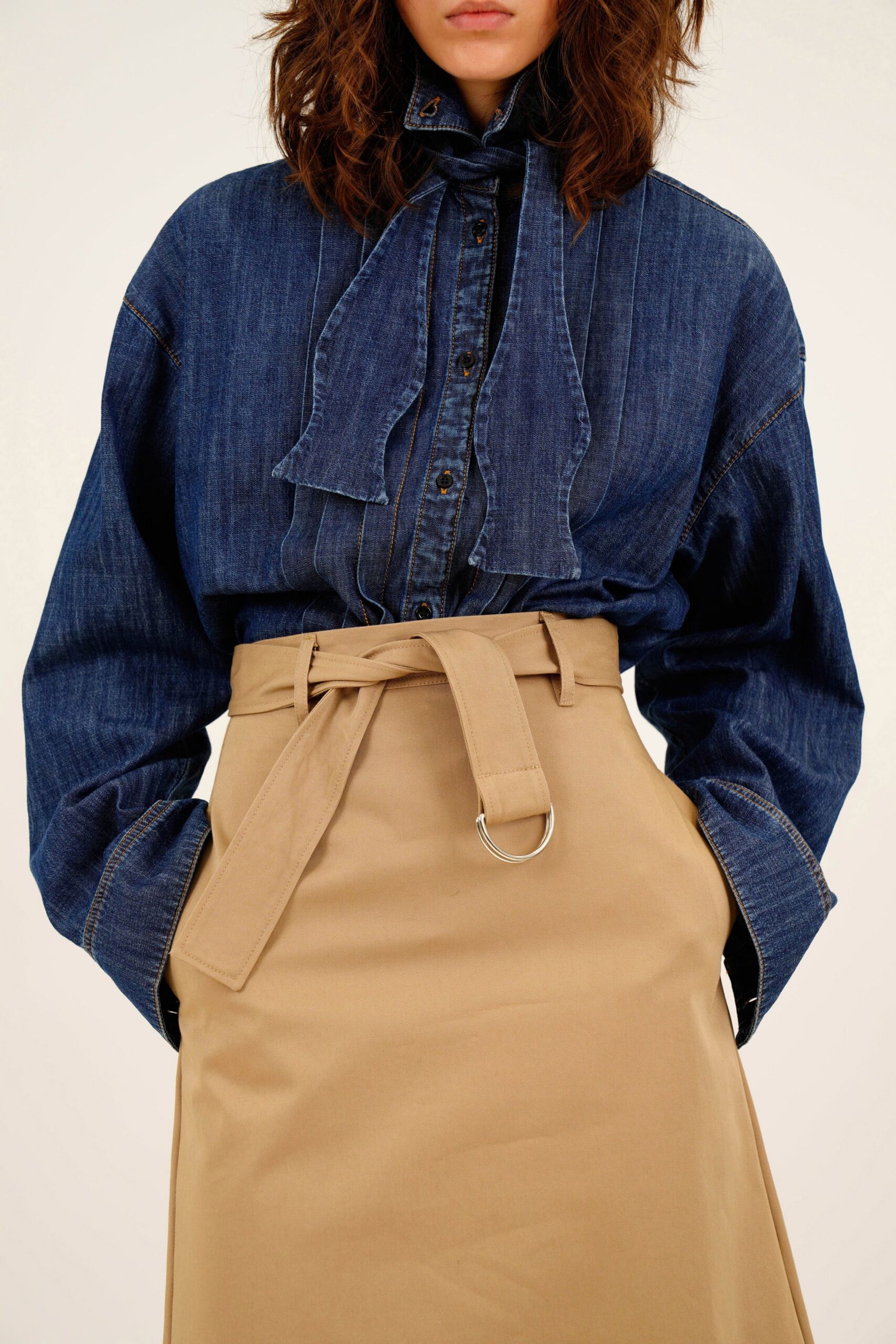 blue denim long-sleeve collared relaxed pleated shirt