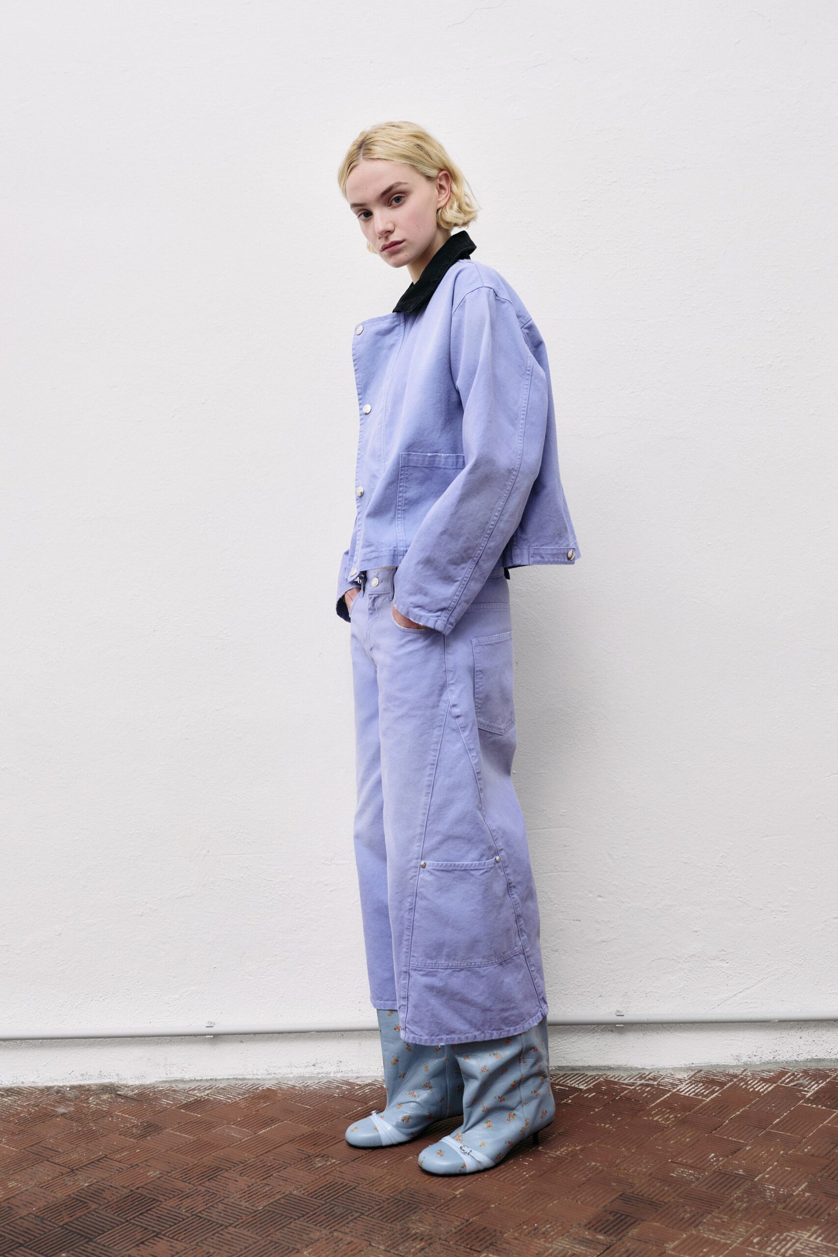purple denim long-sleeve collared oversized jacket